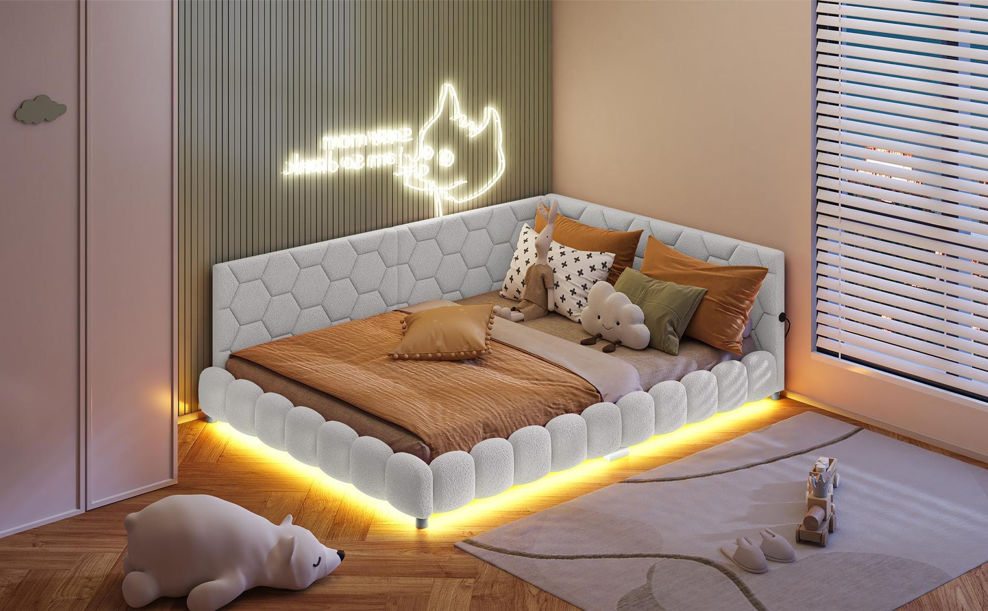 INONEFT  Polsterbett 140x200cm mit LED- und USB-Schnittstelle,Schlafsofa Tagesbett mit lattenrost ,Kinderbett,Doppelbett jugendbett,Wolle, Beige