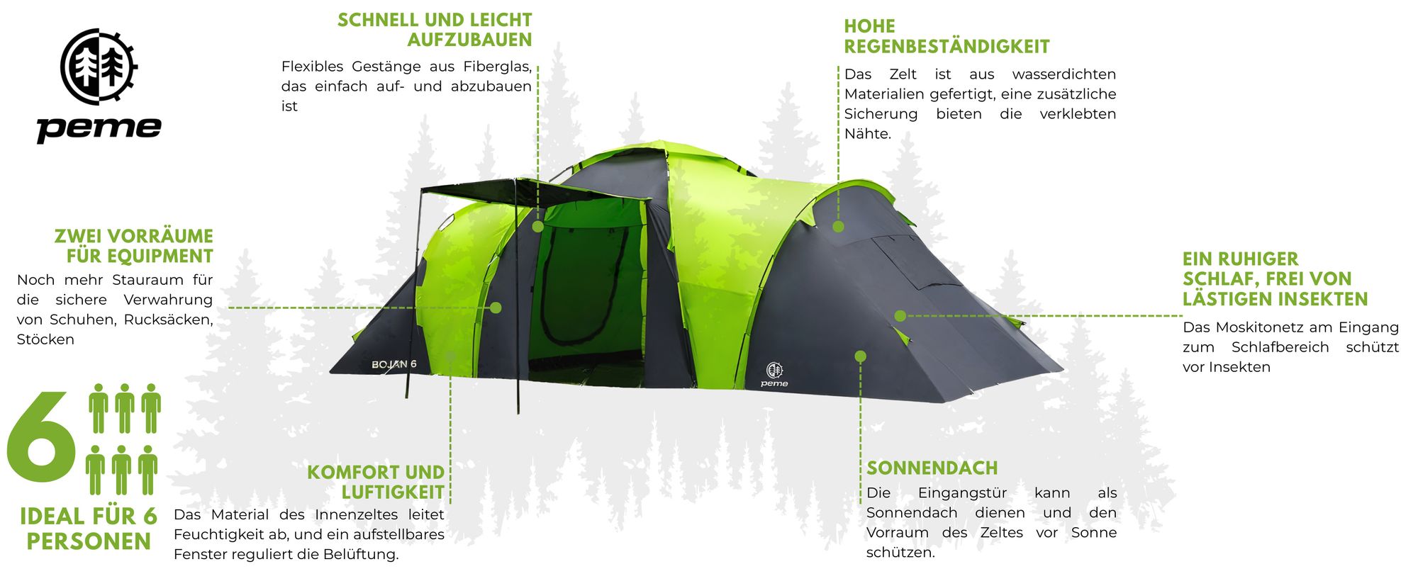 PEME Bojan 6 Familienzelt 6 Personen Zelt Tunnelzelt Wasserdicht 4000 mm Großes Vorzelt Stehhöhe Moskitonetz Campingzelt Festivalzelt Vis-a-Vis Grün