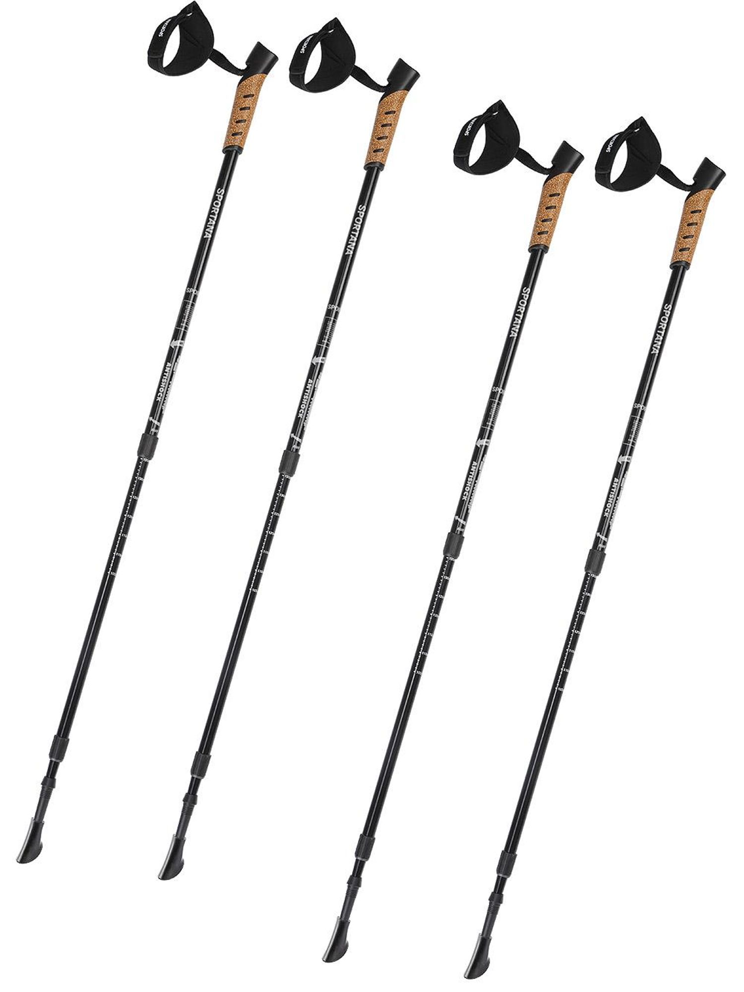 SPORTANA® Wanderstöcke Teleskop Aufsätze Gummipuffer Nordic Walking Stöcke Verstellbar 68-135cm Dämpfung Leicht Alu Kork Herren Damen Trekkingstöcke