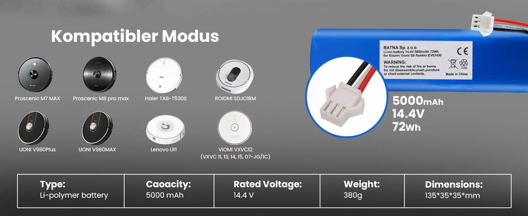 Battery  accumulator Roidmi Eve/H30 H18650CH-4S2P 5000mAh 14.4V 72Wh