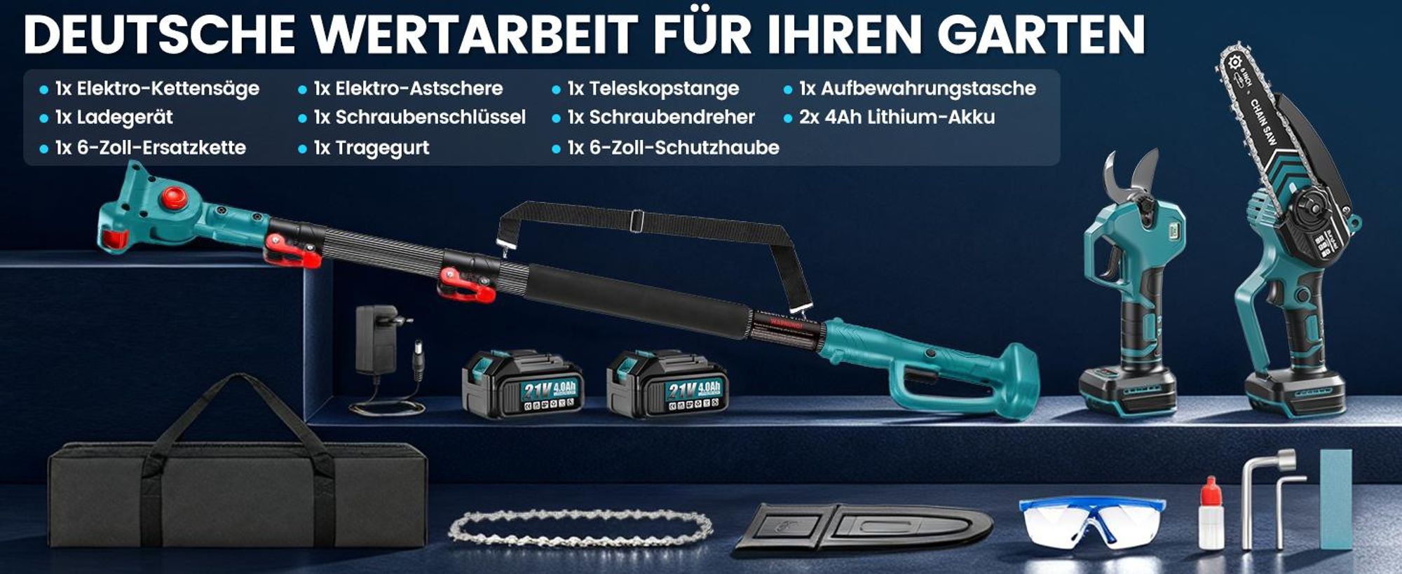 Akku Hochentaster 4-in-1 Bürstenloser Elektro Teleskop Hochentaster Astsäge Gartenschere mit 2× Akku, 2m Stangenlänge, Kompakte Hochentaster zum Baum
