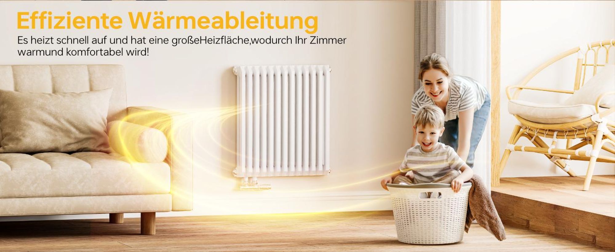 EMKE Design-Heizkörper D-Form 600x594mm 969W Red Dot Award Winner Weiß – Horizontal Montage, für 12,9 m², Bad & Wohnzimmer ohne Heizstab