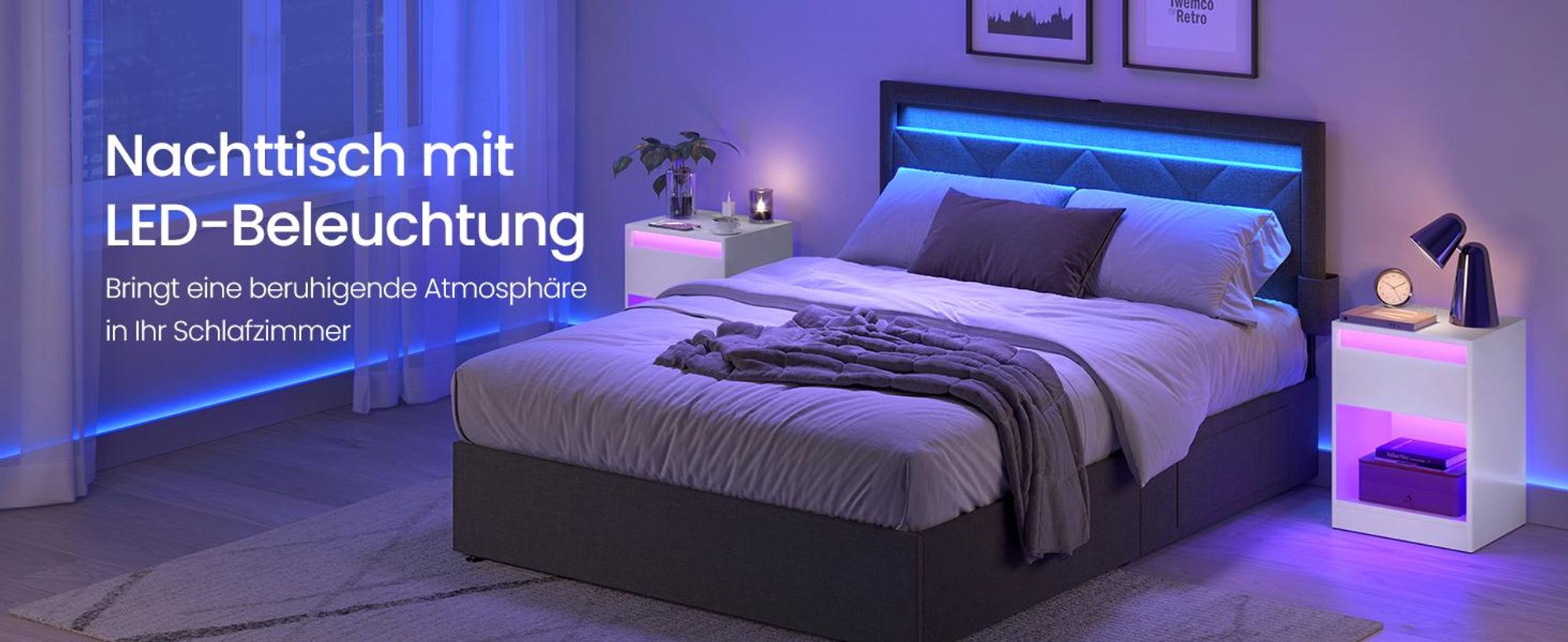 VASAGLE Nachttisch mit einstellbarer LED, Beistelltisch mit Steckdosen