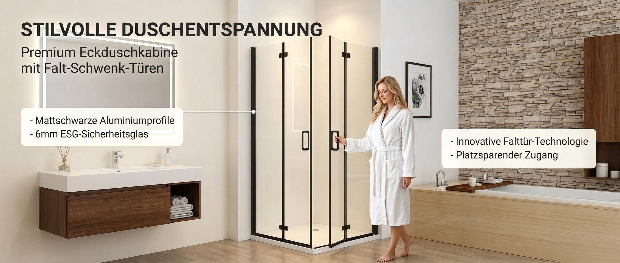 LISA Duschkabine 90x80 x185 cm Eckeinstieg Falttür 180º Pendeltür Glas Duschwand für Dusche mit Matt Schwarz Rahmen ESG Sicherheitsglas Faltbar