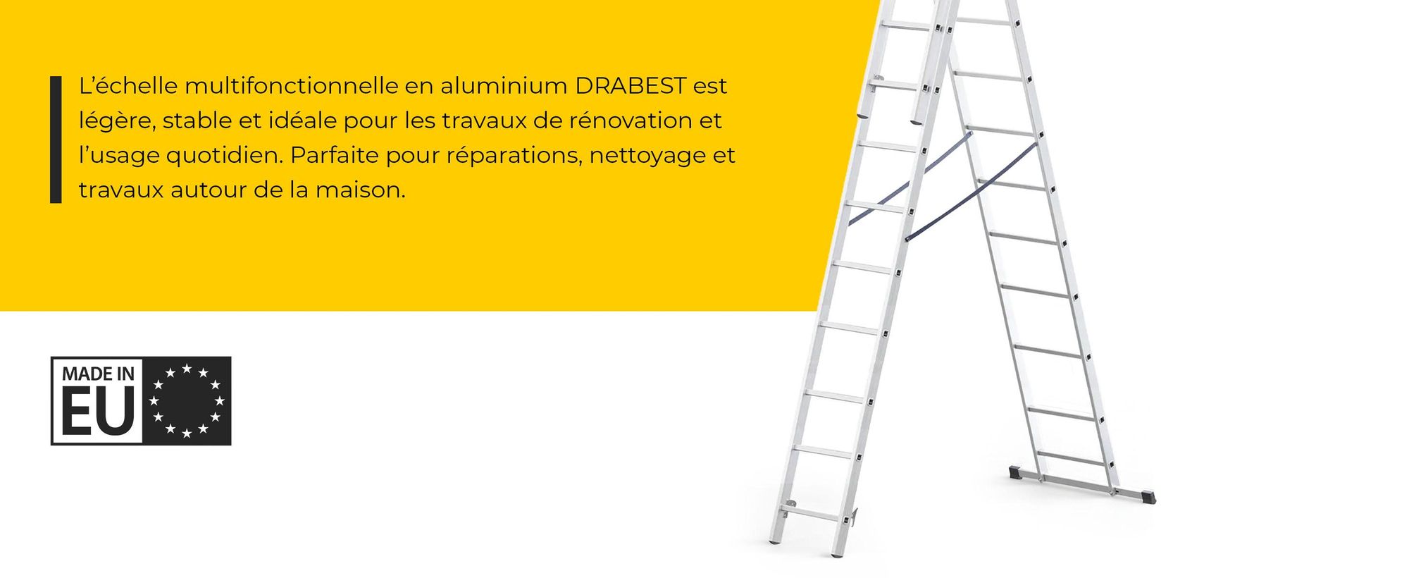 Drabest | Échelle aluminium - 3x11nombre de barreaux, multifonctionnelle, échelle double et échelle simple, hauteur de travail 6,55 m, stabilisateur stable, jusqu'à 150 kg