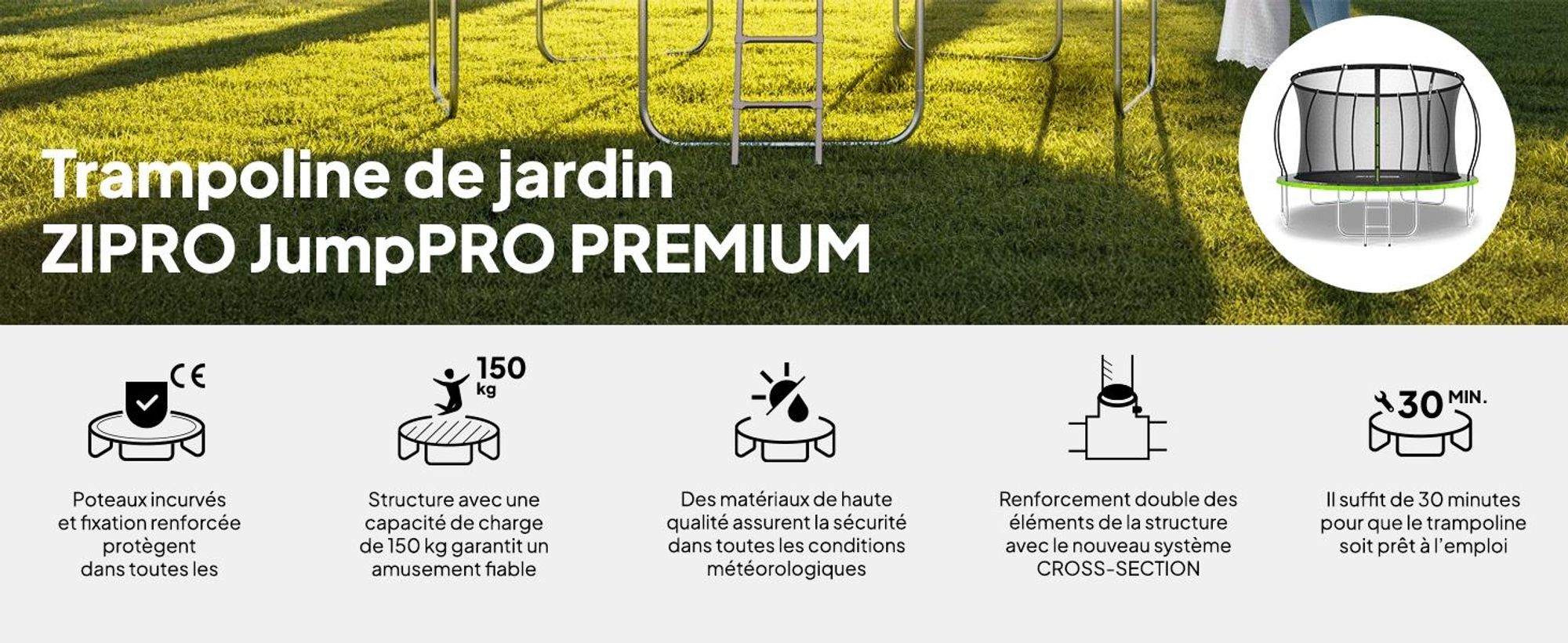 Trampoline ZIPRO Jump Pro Premium | 12FT Ø 374 cm | Trampoline de jardin Trampoline pour enfants Kit complet avec filet, échelle et housse de protection, extérieur, vert