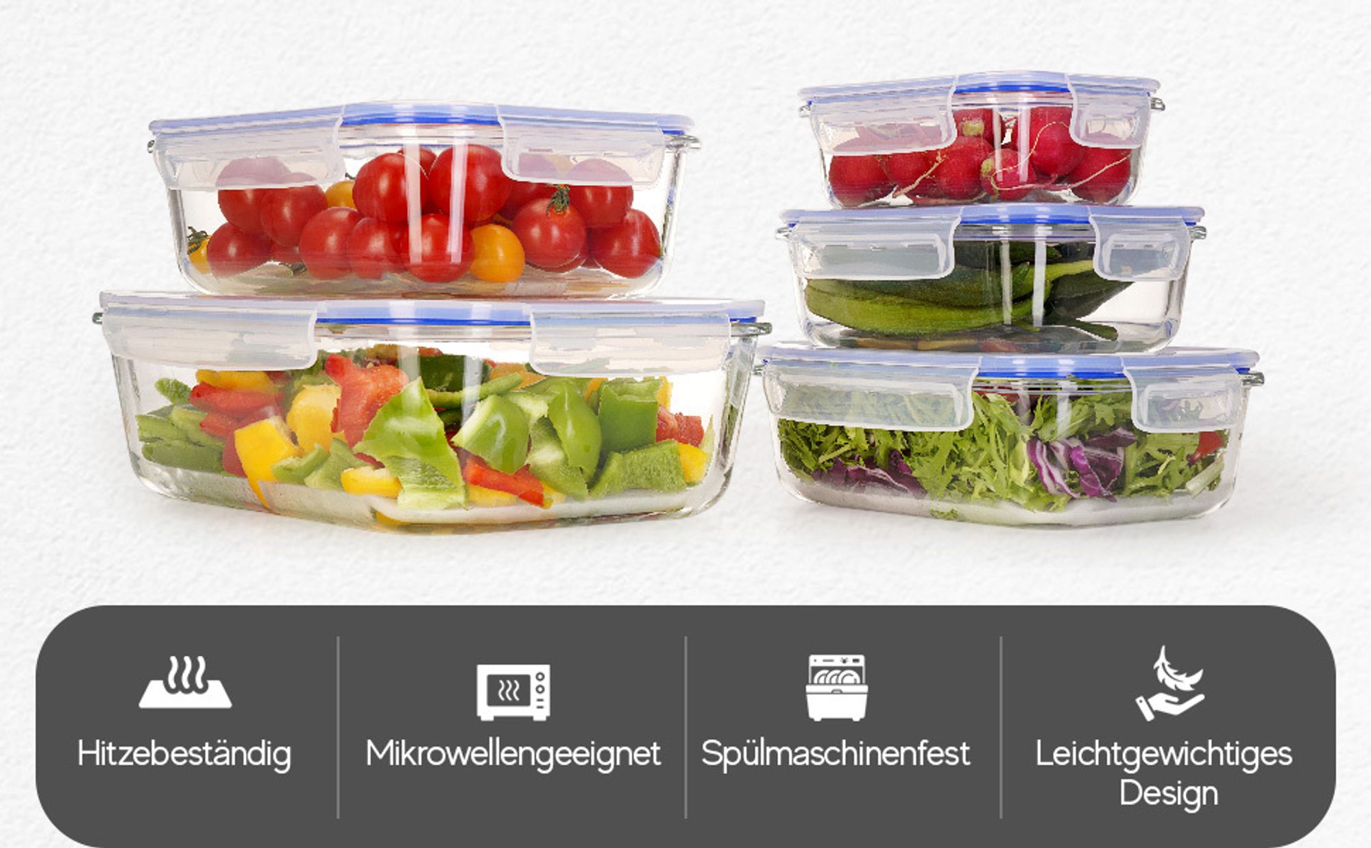 Meisterhome® Frischhaltedosen Glas - Ofenschalen Set – Mit Deckel - Aufbewahrungsbox - Ofen – Meal Prep Behälter - 5-teiliges Set - Luftdicht - Frisch