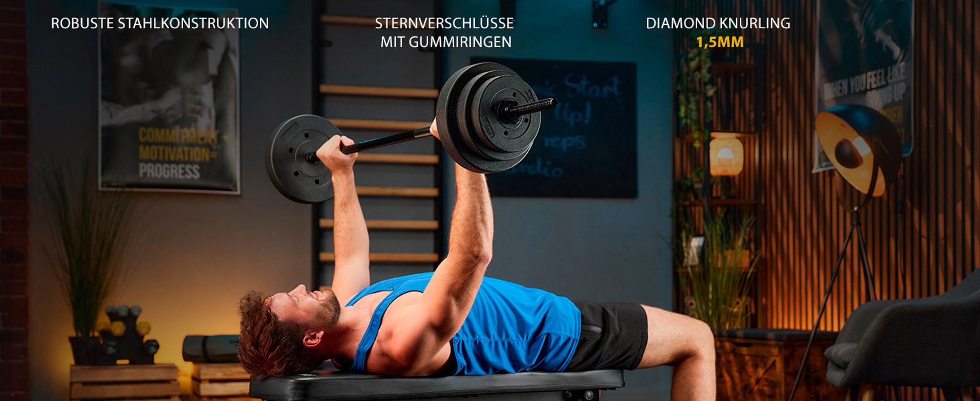 TREX SPORT Langhantelstange TX-150SP | 150cm Stahl Hantelstange für Krafttraining, 25mm |Rutschfeste Griffe, Sternverschlüsse, bis 100kg Belastbarkeit