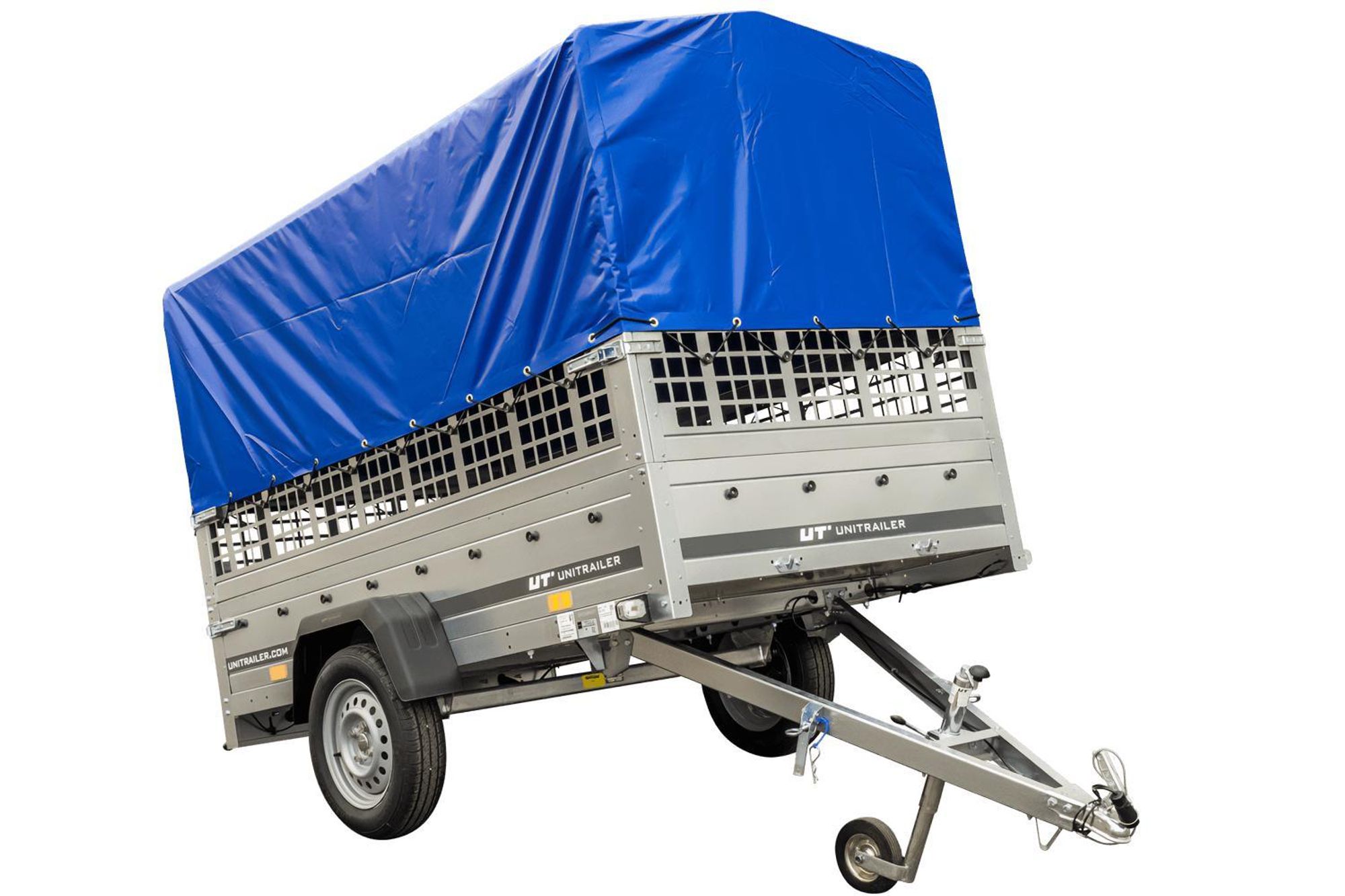 Planenanhänger 230x125 Garden Trailer 230 KIPP mit Laubgitteraufsatz, blauer Hochplane, Hochspriegel und Stützrad