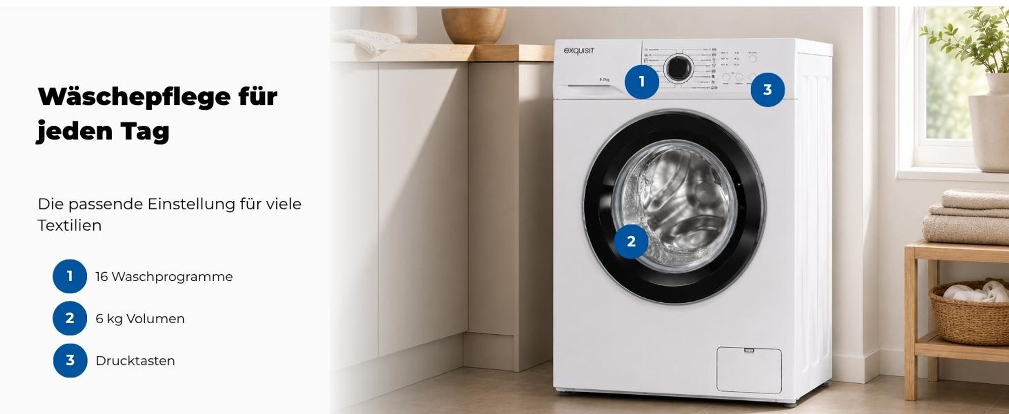 Exquisit Waschmaschine 6kg, Energieeffizienzklasse A, max. 1000 U/min, ECO 40-60, Kurzprogramm, Kindersicherung, WA56110-020A weiss