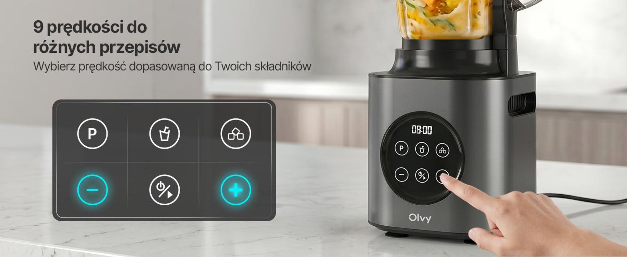 Blender kielichowy Olvy 1000W, dzbanek szklany 1,5L, kubek Tritan 600ml, 9 prędkości, Pulse, kruszenie lodu Funkcja smoothie i koktajli mlecznych