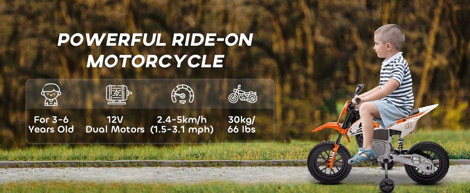 AIYAPLAY Elektryczny motocykl dziecięcy Elektryczny motocykl z muzyką, dla dzieci 2,4-5 km/h Elektryczny motocykl z 2 kółkami bocznymi dla dzieci w wieku 3-6 lat, pomarańczowy