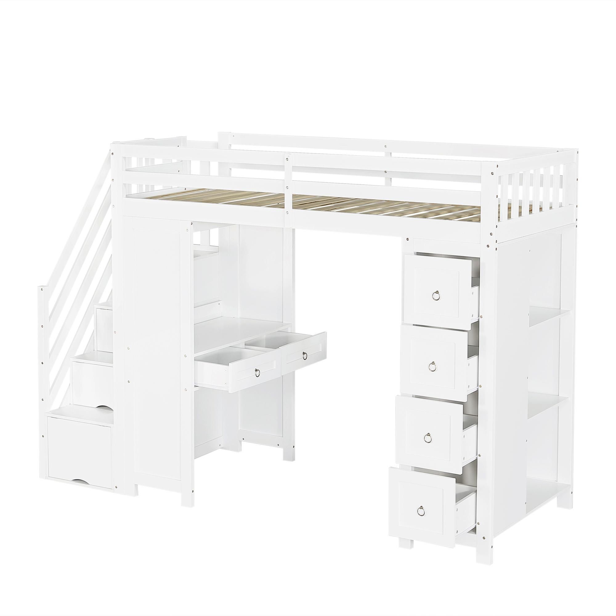Flieks Etagenbett 90x200cm mit Schreibtisch und Regal, Kinderbett Hochbett mit Schubladen und Treppe, Stockbett Jugendbett mit Rausfallschutz, Weiß
