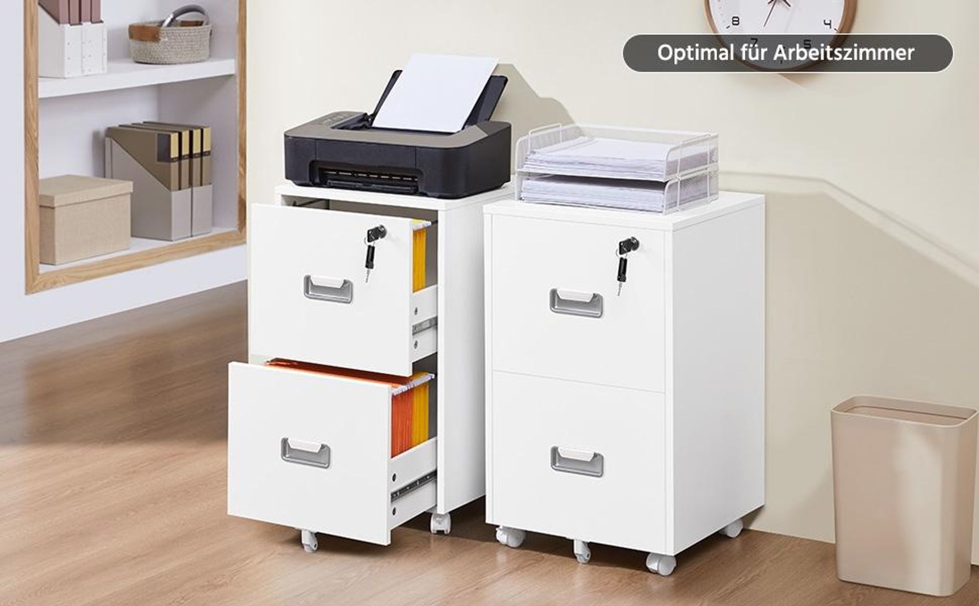 Yaheetech Rollcontainer Aktenschrank abschließbare Büroschrank mit Hängeregistratur und 2 Schubladen für Arbeitszimmer/Büro/Wohnzimmer
