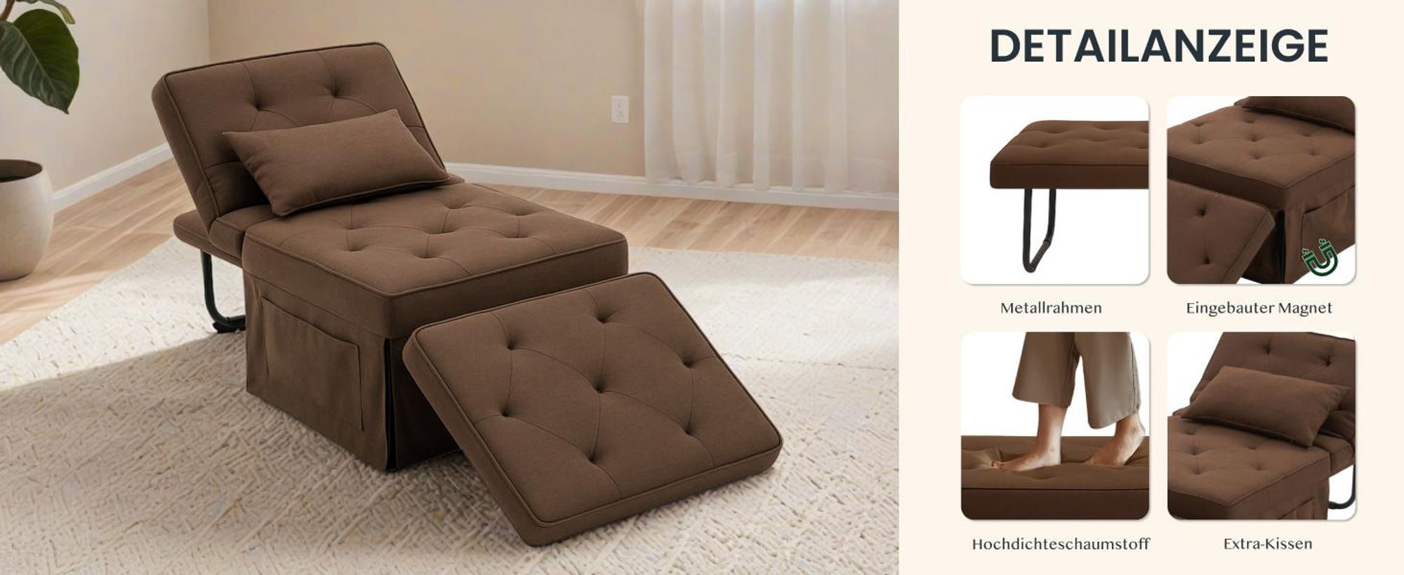 FLEXISPOT 4-in-1 Schlafsofa Klappbett Einzelsofa mit klappbarem Hocker, Kissen & 6-fach verstellbarer Rückenlehne, Schlafsessel für Gästezimmer Khaki