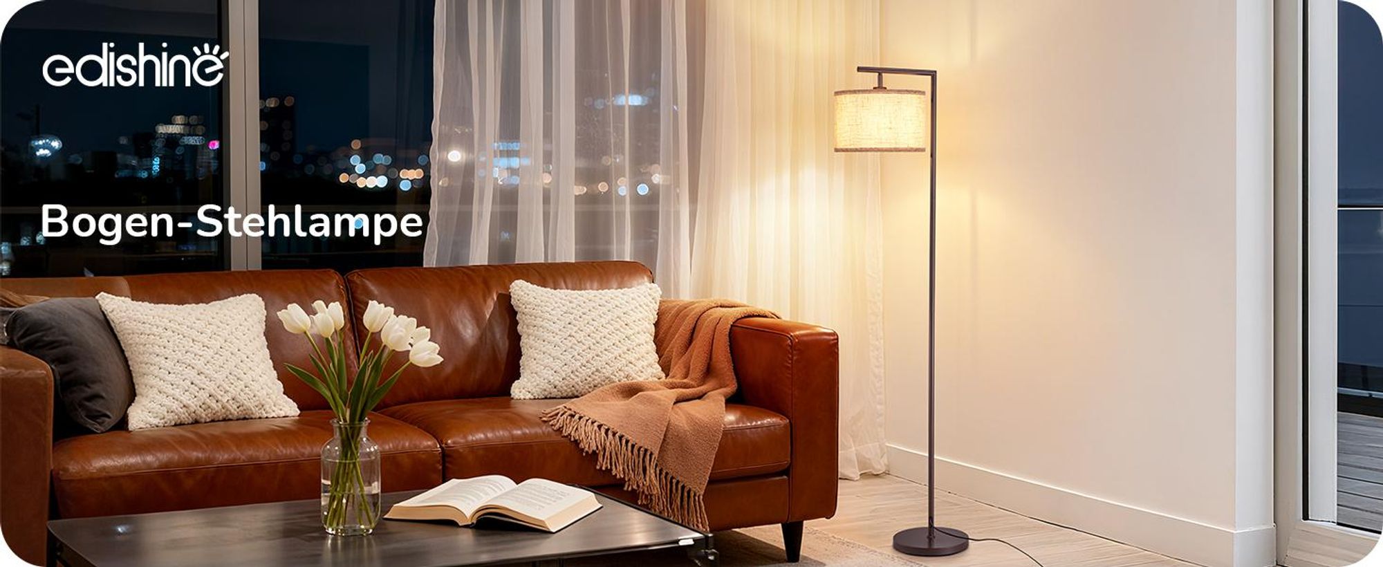 EDISHINE Stehlampe Wohnzimmer 160cm, Bogenlampe Modern mit Beigen Verstellem Leinen-Lampenschirm, LED E27 Glühbirne inklusive