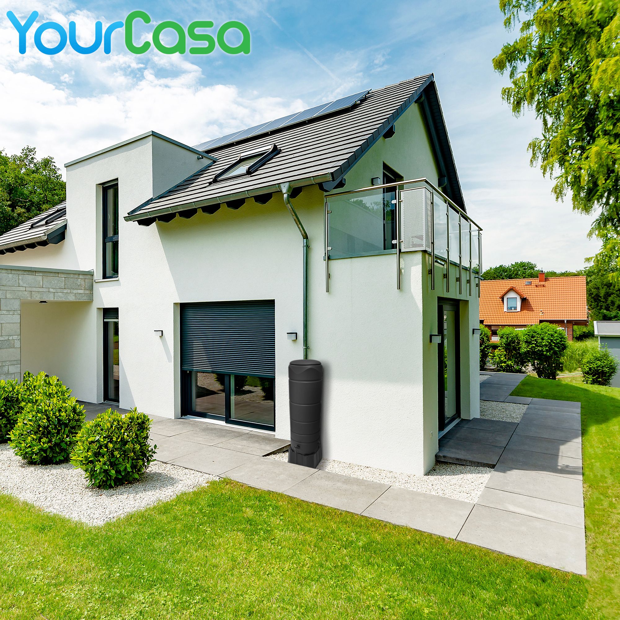 YourCasa Regentonne [CircleTower] 110L mit Standfuss, Deckel & Wasserhahn - Regenfass Frostsicher aus Kunststoff