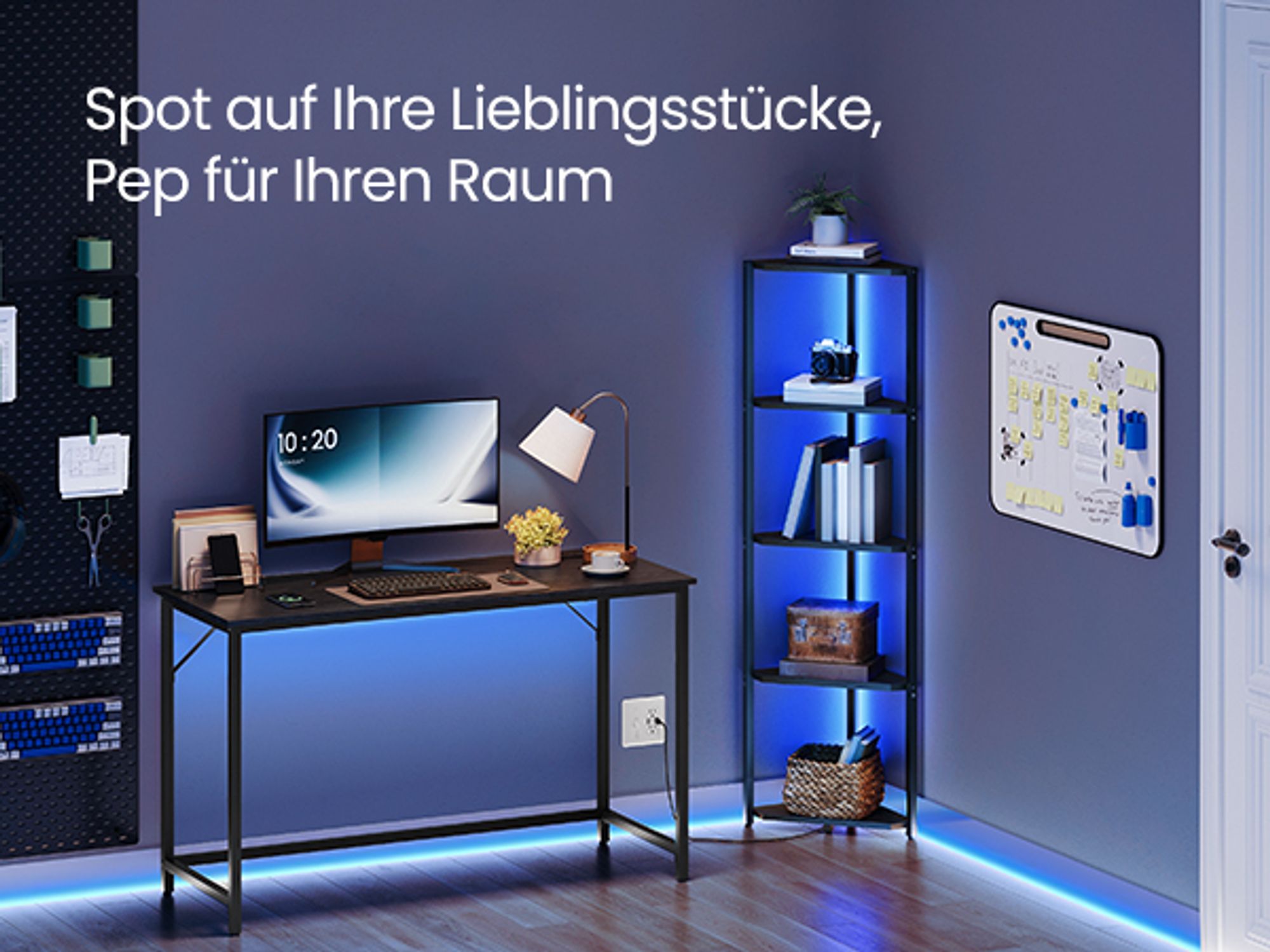 Eckregal mit 5 Ebenen, Bücherregal mit einstellbarer LED-Beleuchtung
