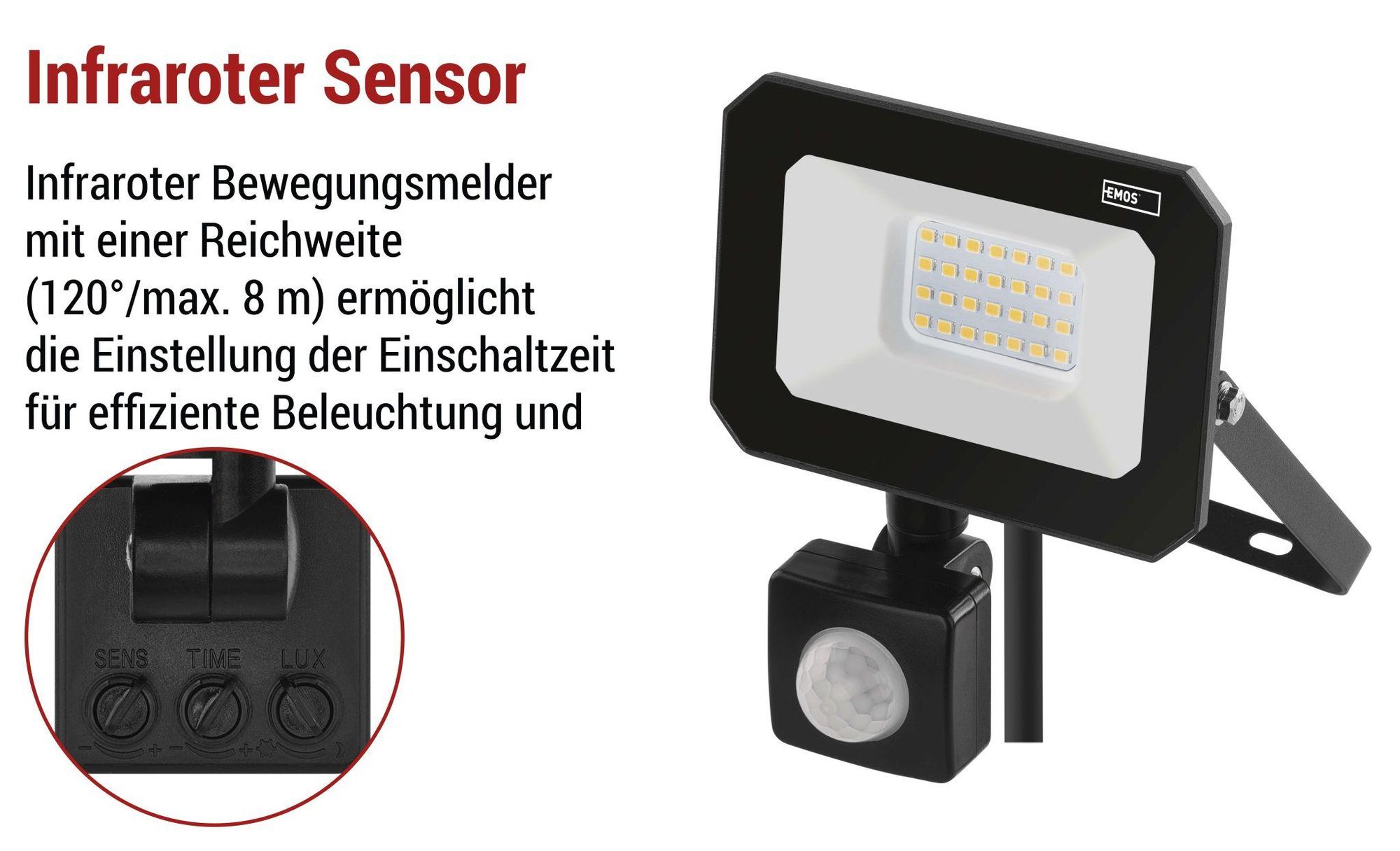 EMOS LED Strahler SIMPO 20 W mit Bewegungsmelder, für Außen, superhell 2000 lm, Neutralweiß 4000 K, Lebensdauer 25000 St., ZS2323