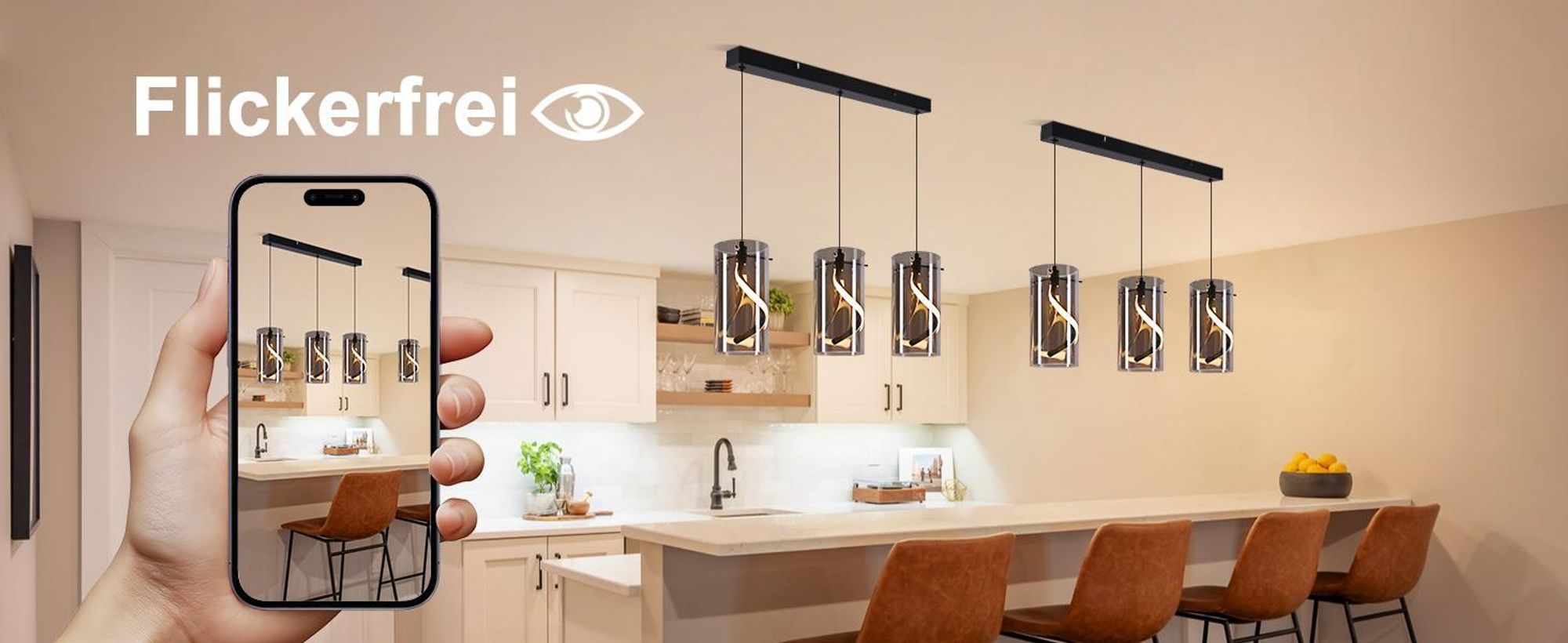 ZMH LED Pendelleuchte Esstisch Hängelampe Hängeleuchte Glas 3 Flammig Hängend Esstischlampe Rauchgrau Pendellampe Höhenverstellbar 3000K für Esszimmer