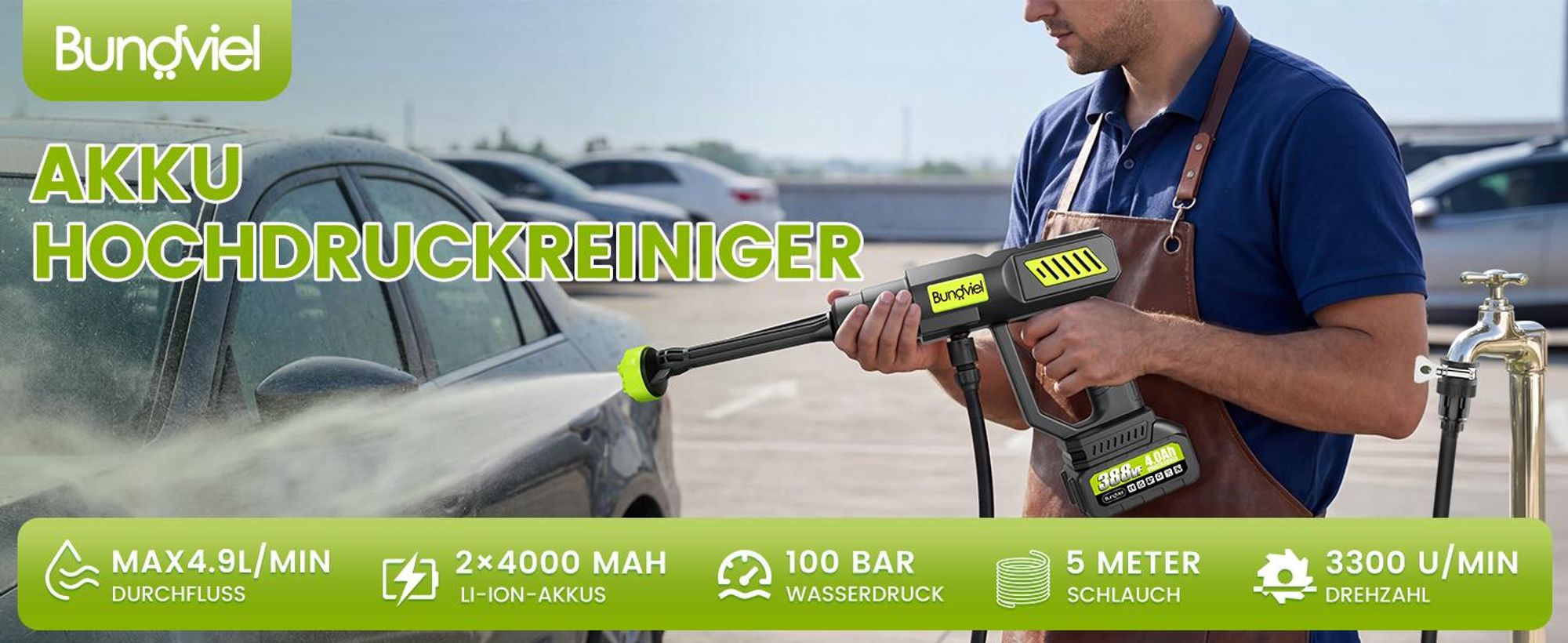 Akku Hochdruckreiniger 100 Bar, Druckreiniger Akku Wasserauslass 5L/min, 2 x 4000mAh Akkus, 6-in-1 Düse, 5M Schlauch für Garten,  Auto, Bewässerung