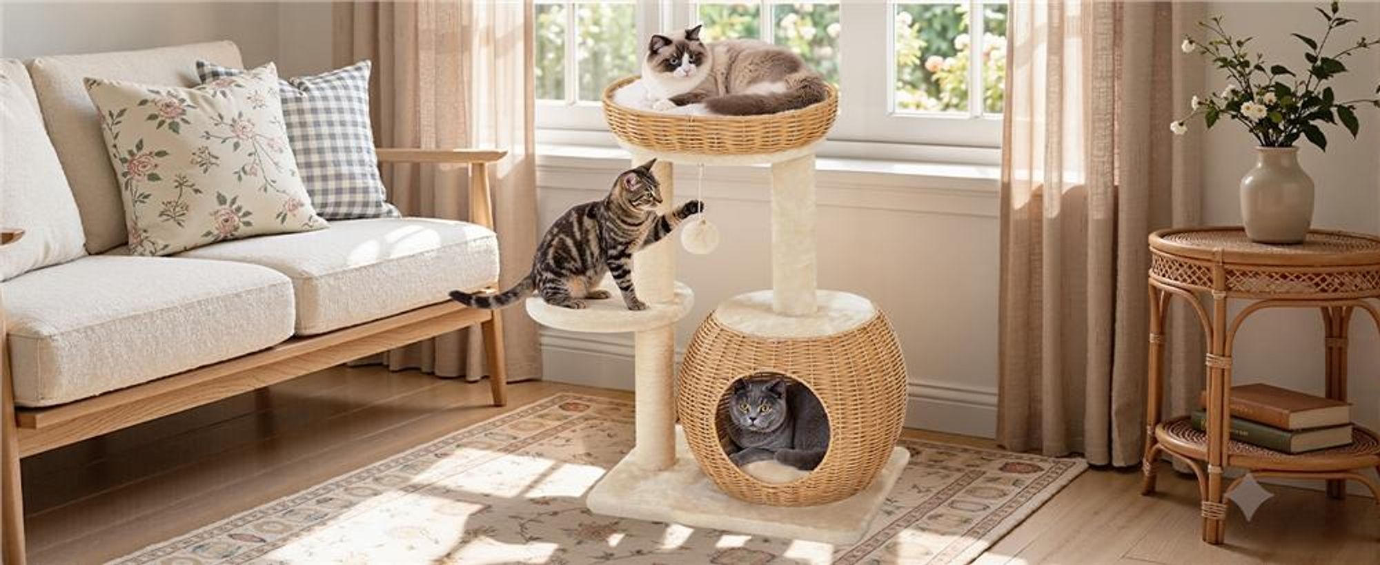 Yaheetech Kratzbaum aus PE-Rattan, 72 cm, mit Katzenhöhle & Liegeplatz, abnehmbare Plüschmatte, Rattan-Optik, für kleine & mittelgroße Katzen, Beige