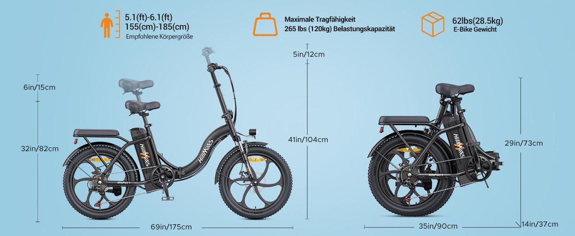HillMiles E Bike, E-Bike Klapprad mit 36V 13Ah Akku bis zu 80-100km, 20 *3.0 Zoll, 7-Gang SHIMANO, 250W Motor & 25km/h MilePort 1