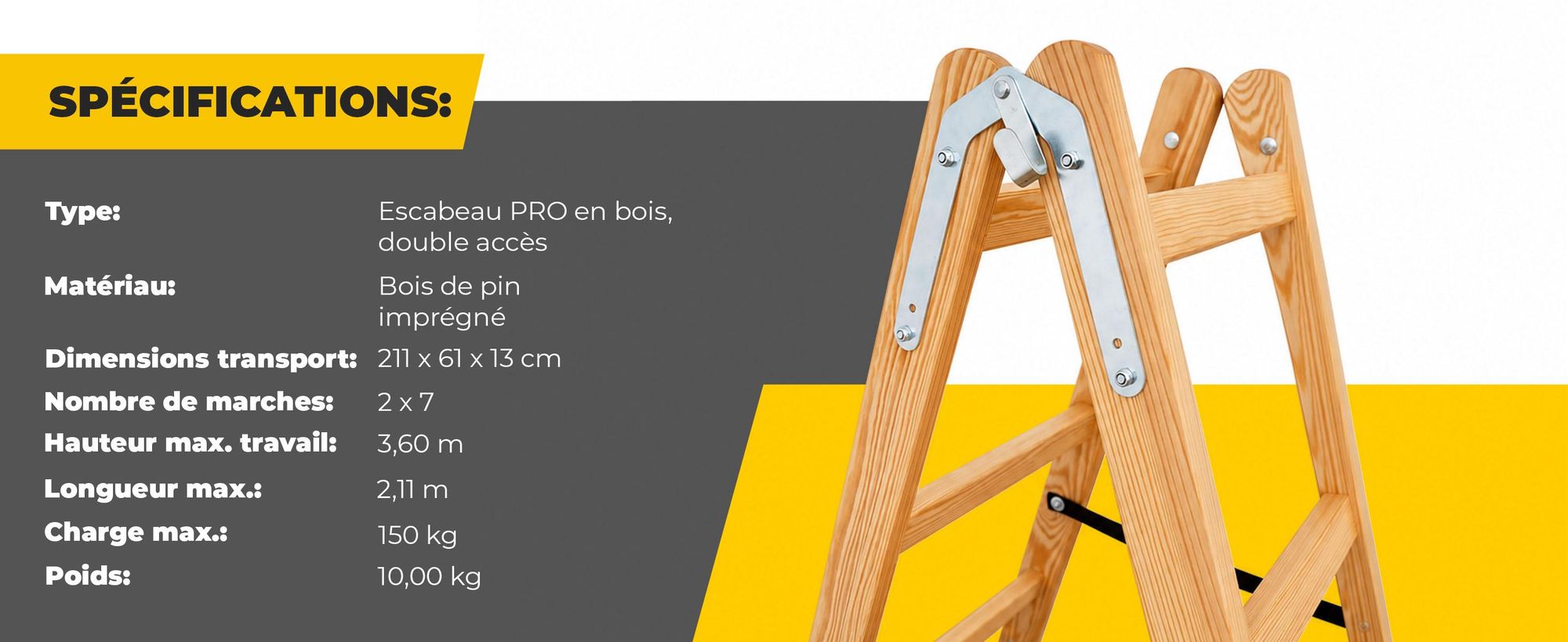 Drabest | Échelle en bois 7 échelons 150 kg - Conception stable - Idéale pour la maison et le travail