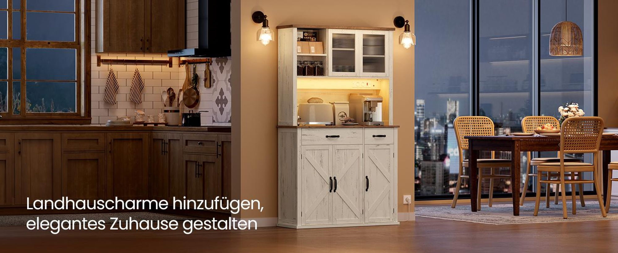 VASAGLE Sideboard, Küchenschrank, Aufbewahrungsschrank, mit Beleuchtung, Ladestation und Schubladen, 39,5 x 106,5 x 180,6 cm, verstellbare Ablagen