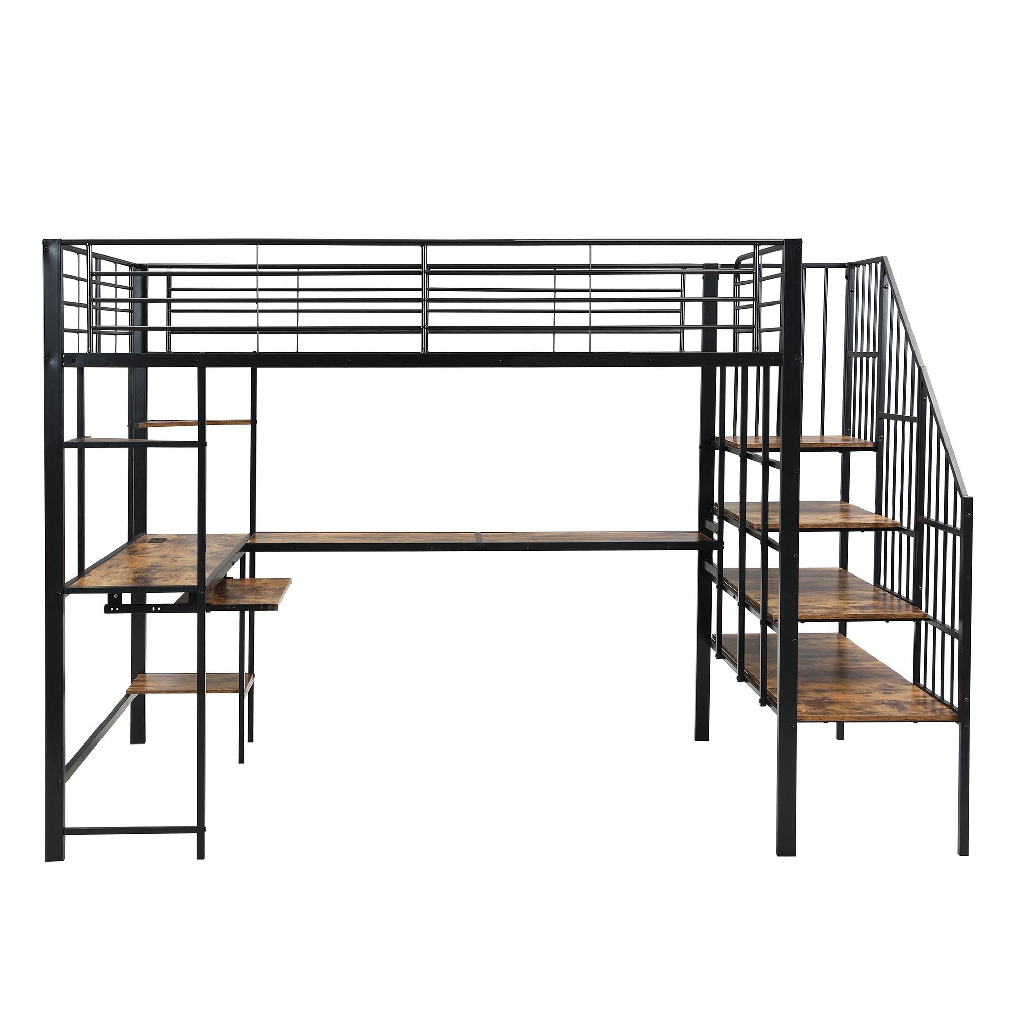 Flieks Etagenbett 120x200cm mit Schreibtisch und Ladefunktion, Jugendbett Metallbett mit Treppe und Ablagen, Kinderbett Metallbett, Schwarz