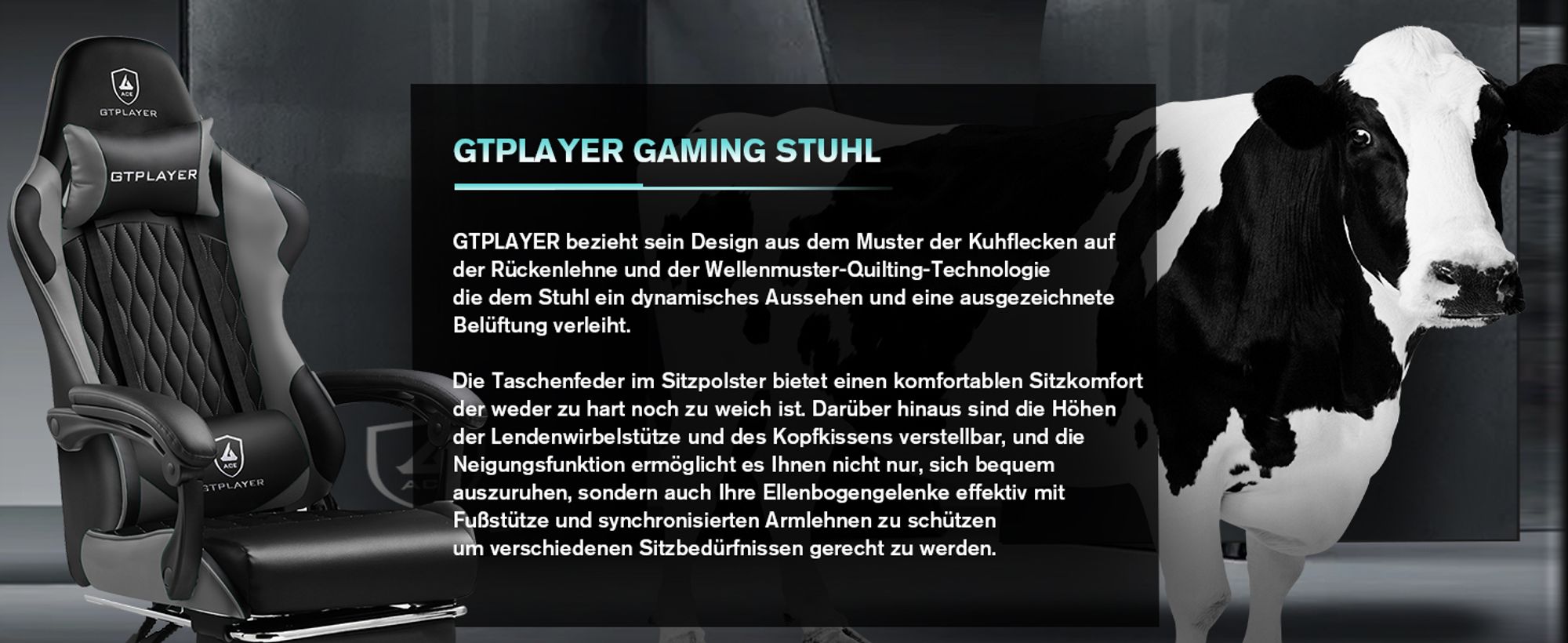GTPLAYER Gaming-Stuhl Gamer Stuhl, Ergonomischer Bürostuhl mit Fußstütze, Gaming Sessel 150 kg Belastbarkeit, Kopfstütze und Lendenstütze grau
