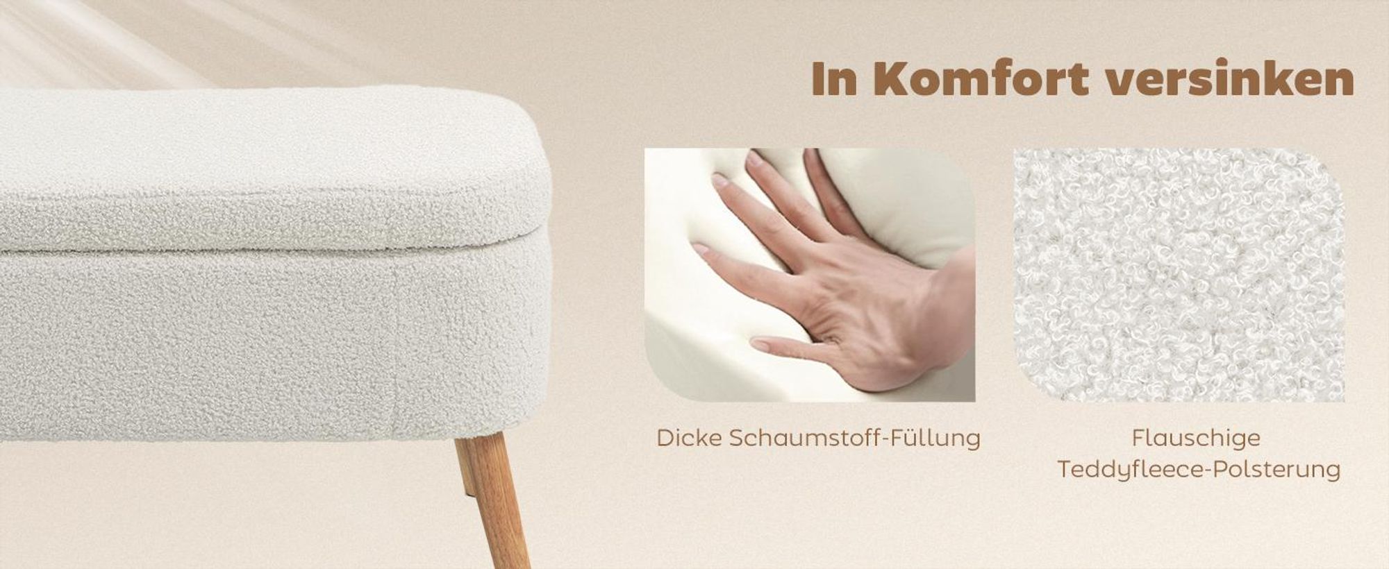 HOMCOM Sitzbank mit Stauraum Polsterbank mit Fleece-Optik, Holzbeine Cremeweiß