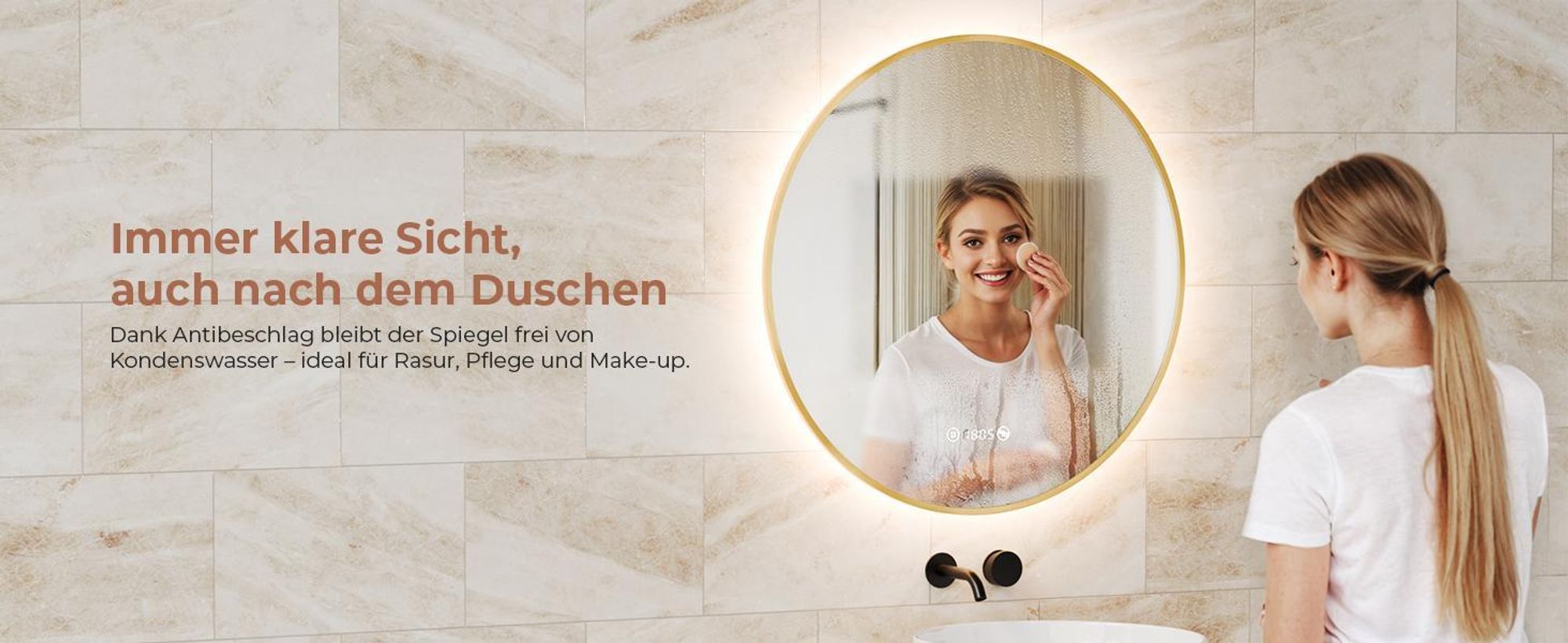 S'AFIELINA Badspiegel mit Beleuchtung Rund 80 cm Diameter, LED Badspiegel mit Touch, Beschlagfrei, Dimmbar, Uhr, Temperatur, Speicherfunktion,Gold
