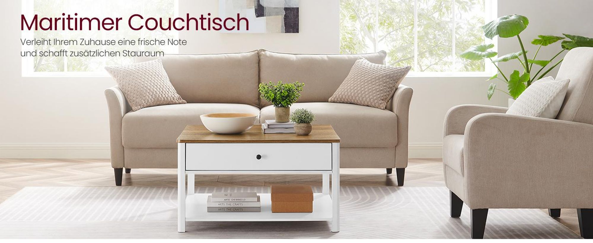 VASAGLE Couchtisch, Wohnzimmertisch, maritimer Stil, 80 x 80 x 45 cm