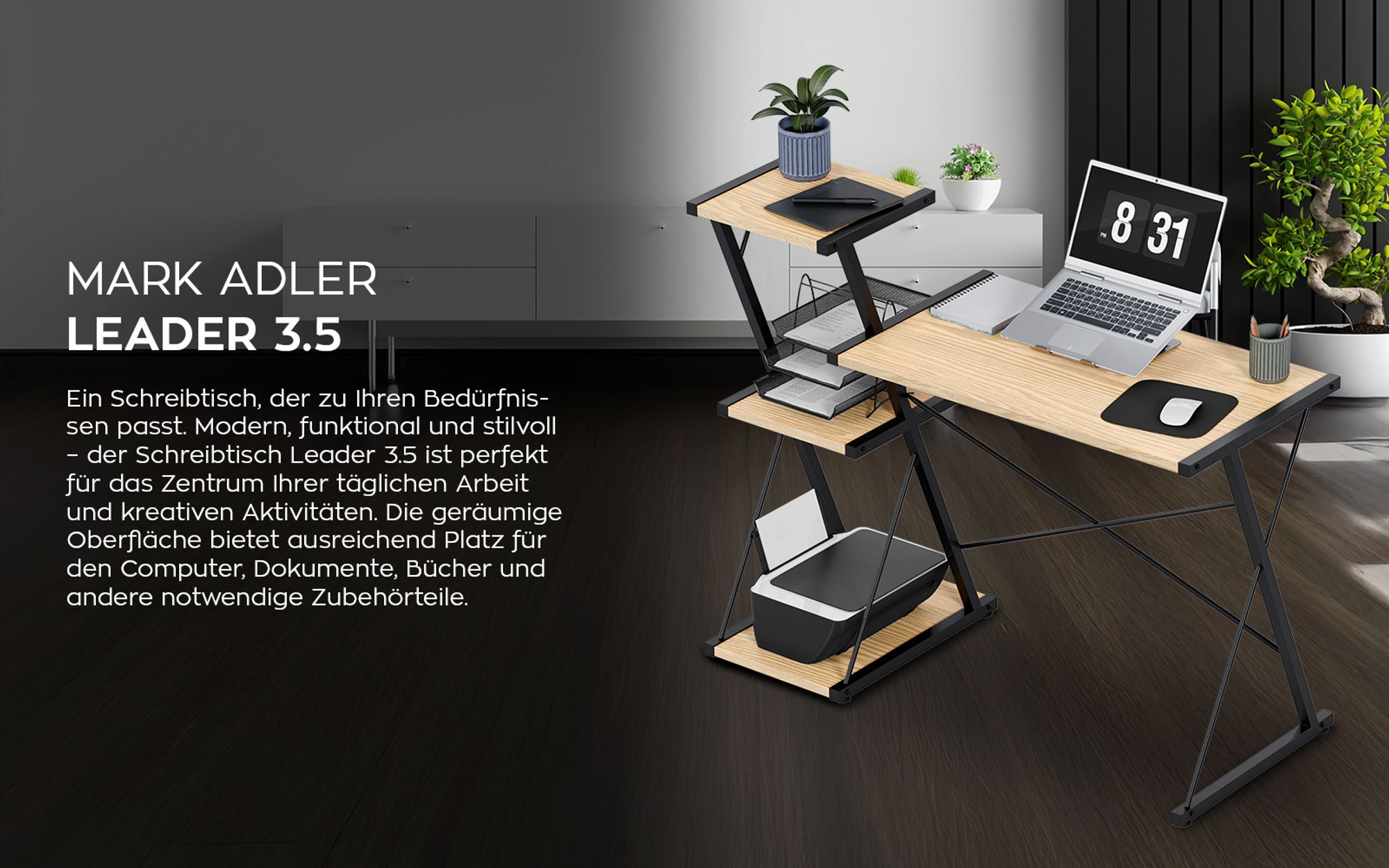 MARK ADLER Leader 3.5 Schreibtisch | Links und rechts montierbar, drei Einlegeböden | 116 x 50 x 93 cm | Eiche