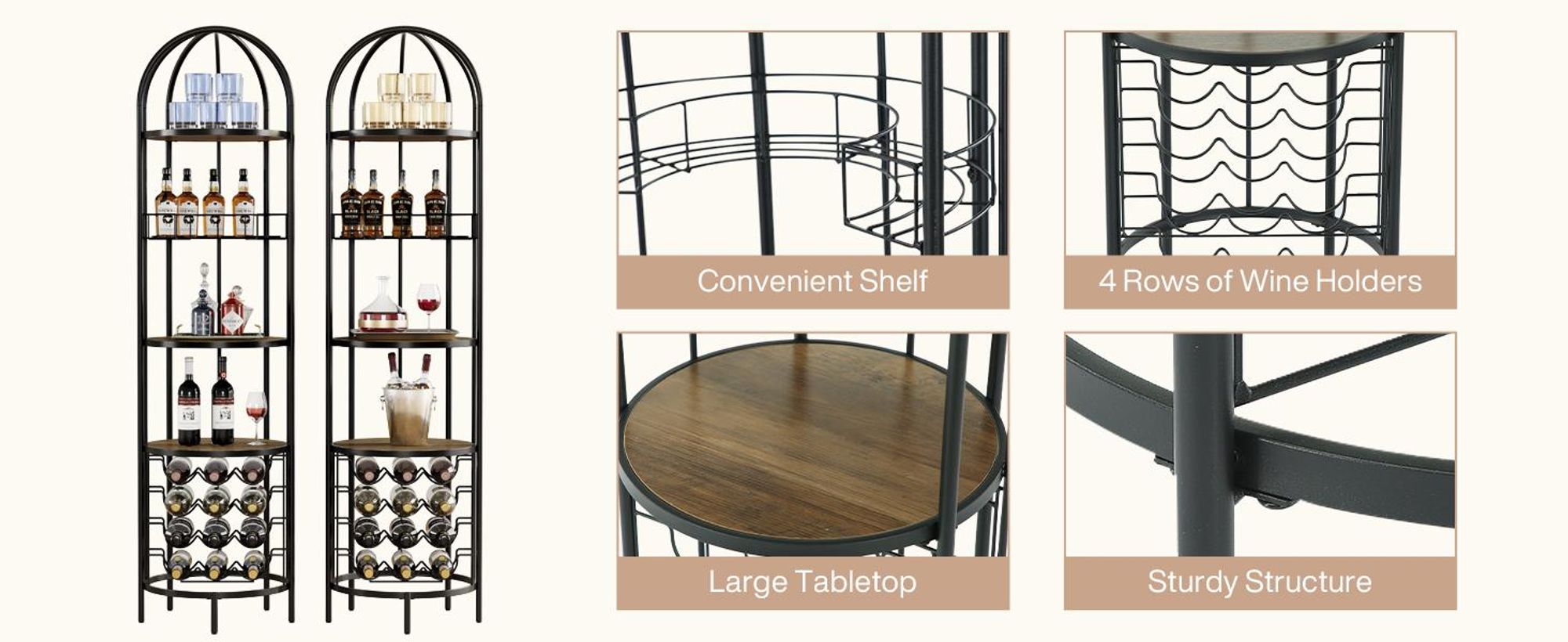 Tribesigns Weinregal, 5-stöckig, mit Flaschenhalter und Ablagefläche, hohes Barregal im Loft-Stil aus Metall und Holz im Industriestil, Braun