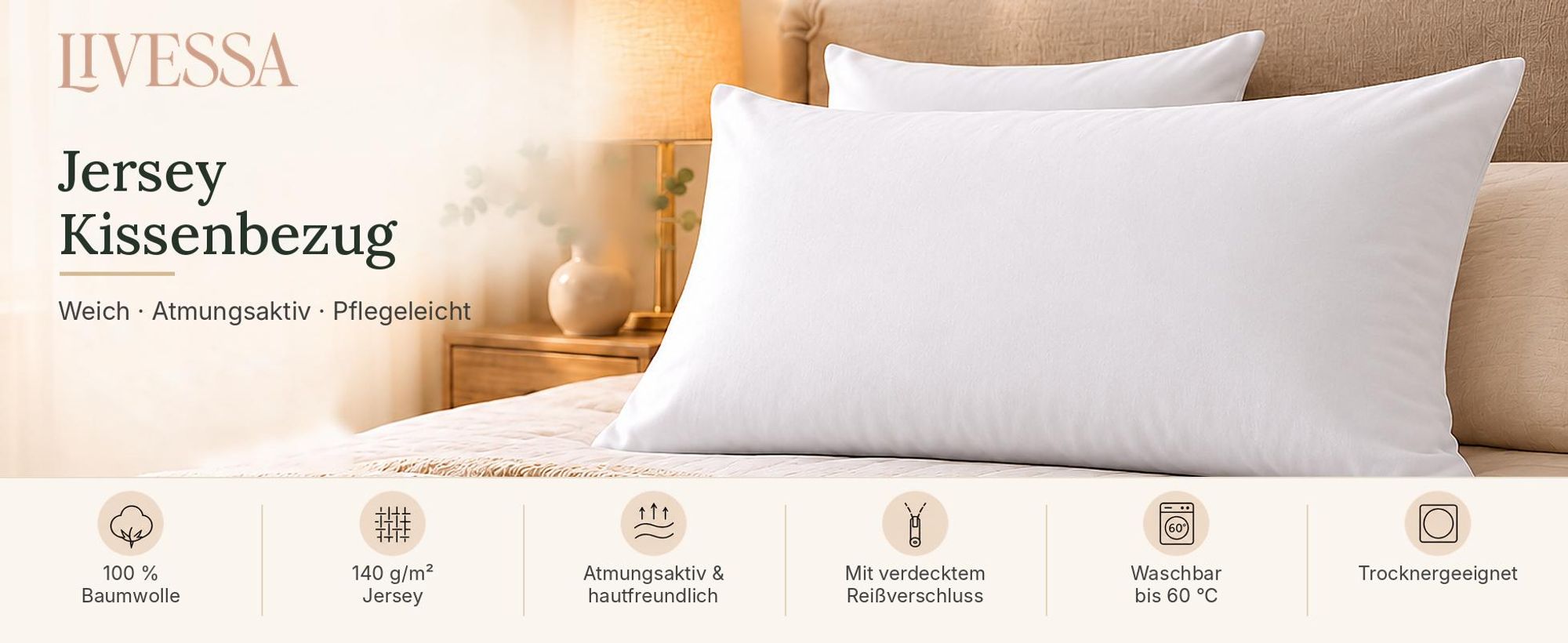 Livessa Jersey Kissenbezug 2er Set aus 100 % Baumwolle auf dem Bett – weicher Kopfkissenbezug
