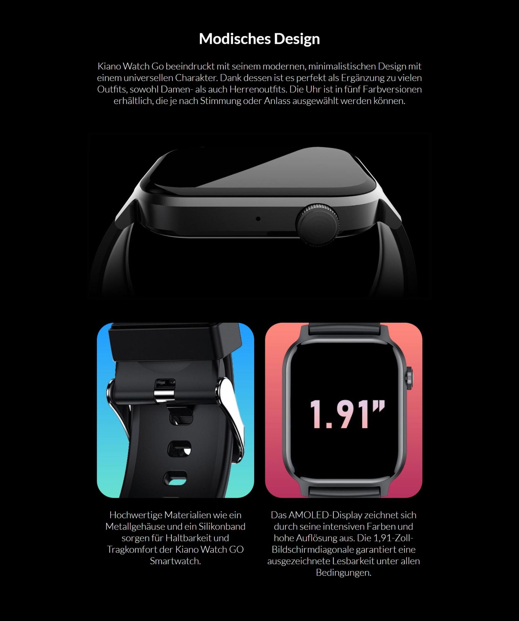Kiano Watch GO Smartwatch AMOLED 1.91" Bluetooth Anrufe Puls Blutdruck SpO2 Fitness Tracker IP68 Android iOS bis 10 Tage Akku