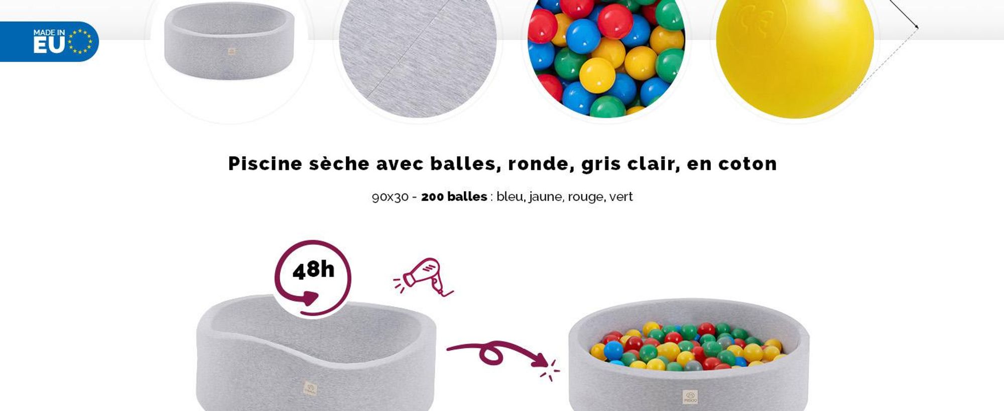 MISIOO Smart Piscine à balles - Enfants pour chambre de bébé - 200 balles - Jouets - Lavable en machine - Oeko-Tex - 90 x 30 cm - Gris clair - Rouge/Vert/Bleu/Jaune