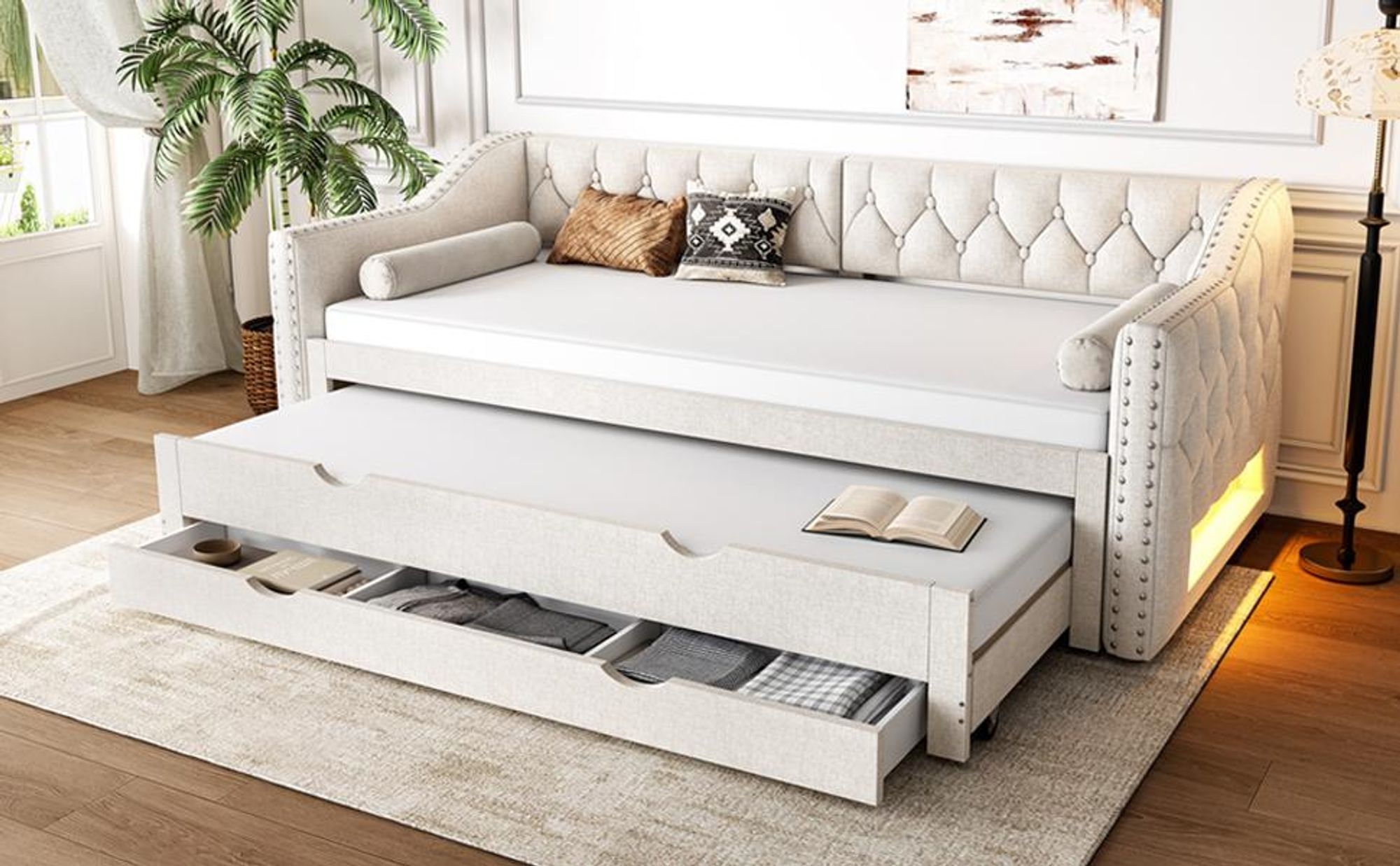 Merax Tagesbett Daybett 90x200 Ausziehbett mit LED-Beleuchtung, 3 Schubladen, Polsterbett für Gästezimmer, Kinderbett, Schlafsofa, Linen, Beige