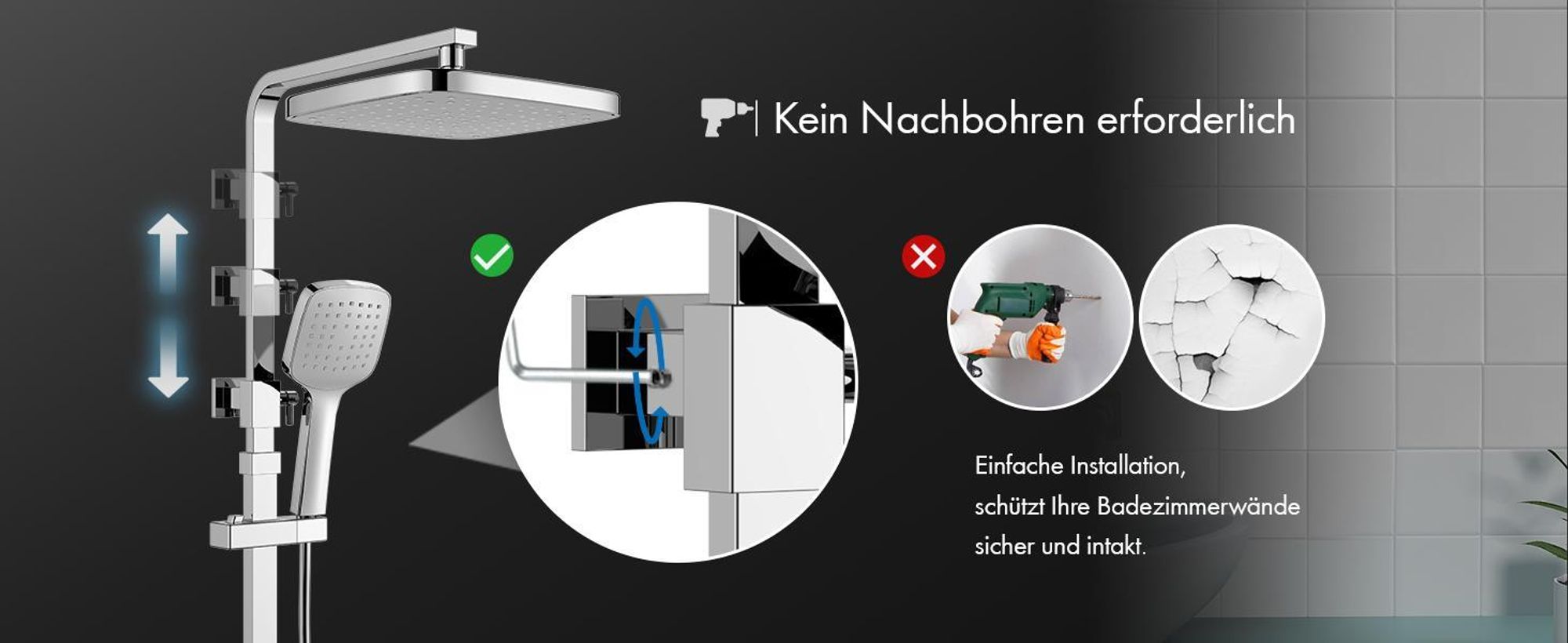 Homelody Duschsystem mit 38 °C Thermostat Edelstahl & Regal, Duscharmatur Set mit Handbrause & Kopfbrause, 3 Strahlarten, Höhenverstellbar, Chrom