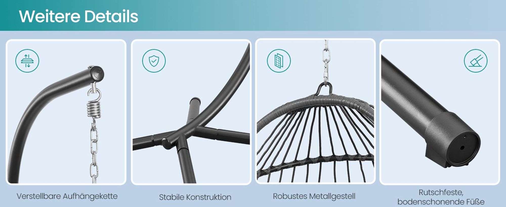 SONGMICS Schaukelstuhl mit Gestell, klappbarer Korbsessel höhenverstellbar, Hängeschaukel für Garten Balkon, Kissen, grau