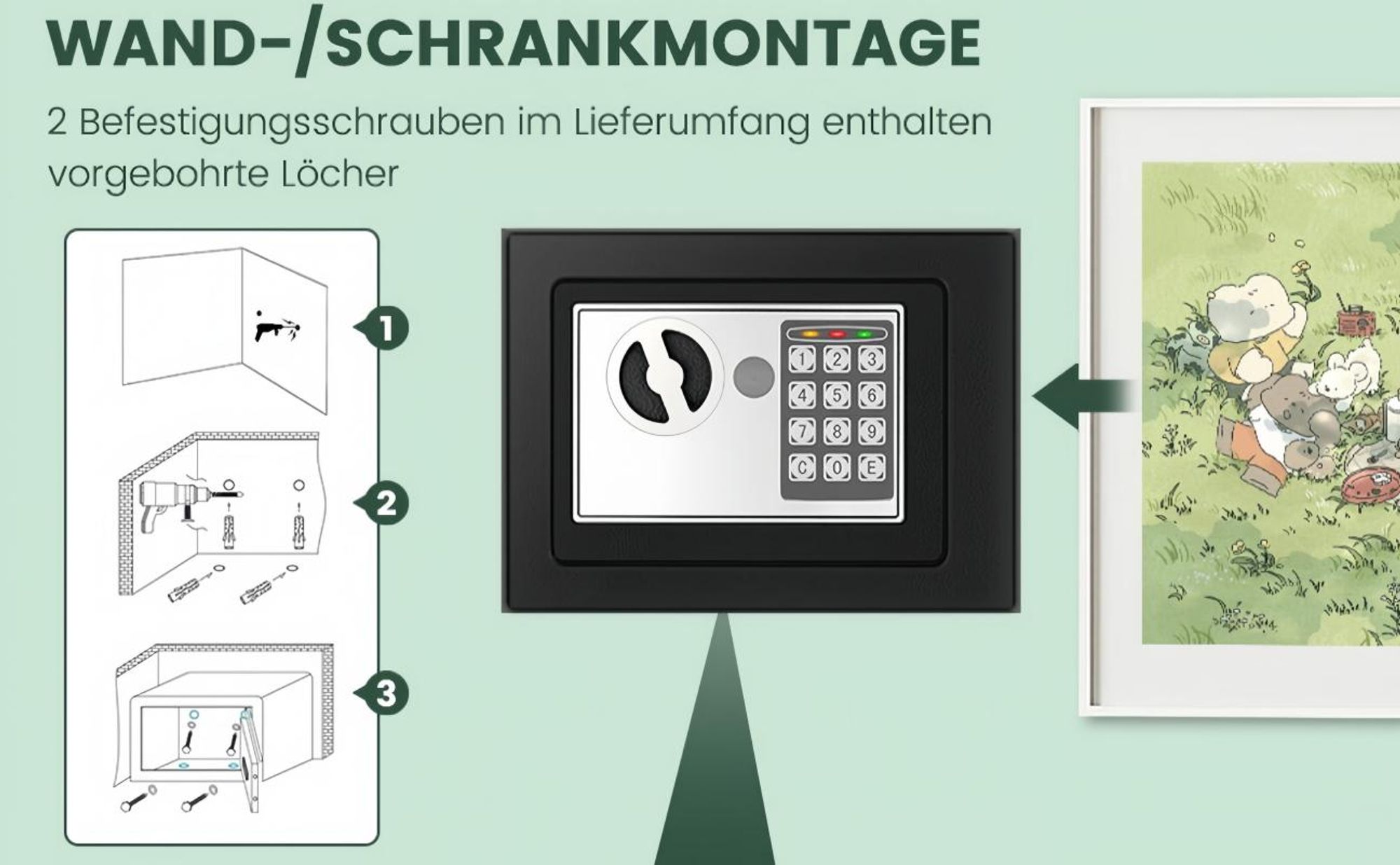 Tooluck Elektronischer Safe Tresor mit Schlüssel & Zahlenschloss, 23x17x17cm Möbeltresor Wandtresor, ink. 2 x Schlüssel & Befestigungsschraube, Schwarz