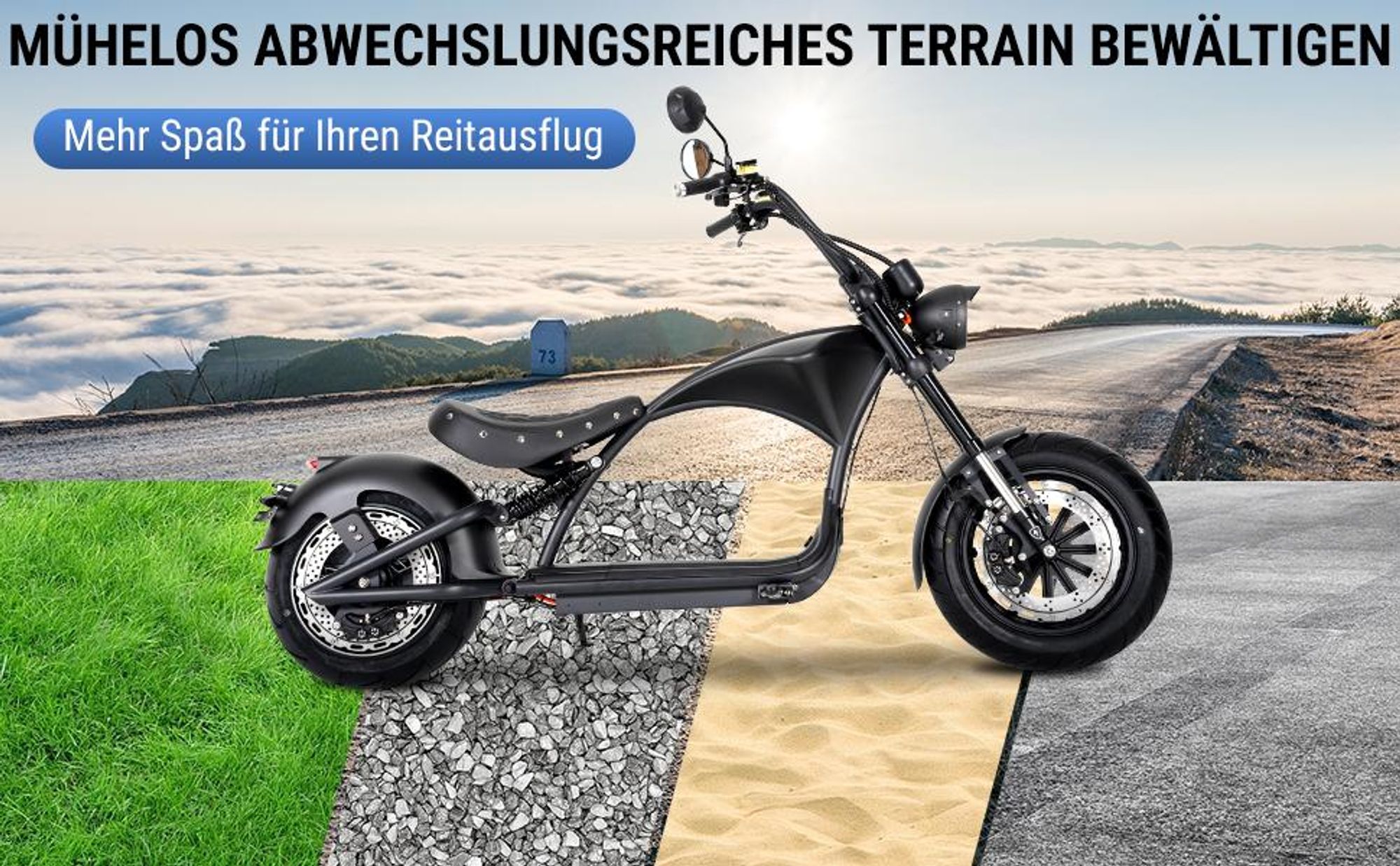 M1P E-Chopper Elektro-Kleinkraftrad 45 km/h, 2000W, 60V 30Ah Lithium-Akku, 80 km Reichweite, Hydraulikbremsen, Federung, abnehmbarer Akku, 200 kg