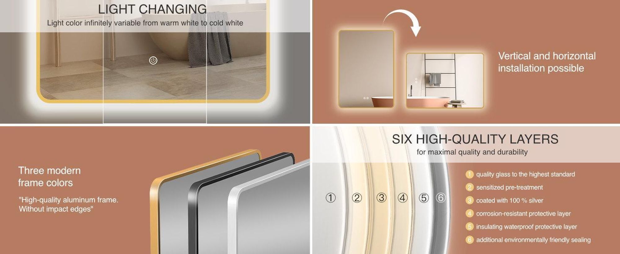 Specchio da bagno HOKO 70x100cm con cornice+interruttore a sfioramento+cambio luce bianco caldo-bianco freddo-neutro. La luce può essere accesa con l'interruttore a sfioramento e con l'interruttore a parete