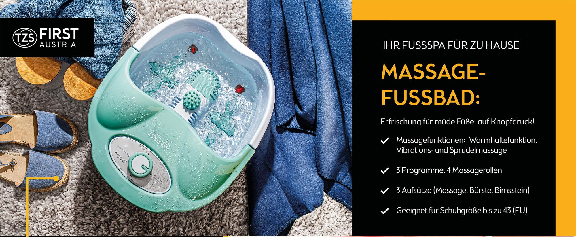 TZS First Austria - Fußsprudelbad 80W - Fußmassagegerät mit 3 Programme & 3 Aufsätze - klappbarer Griff
