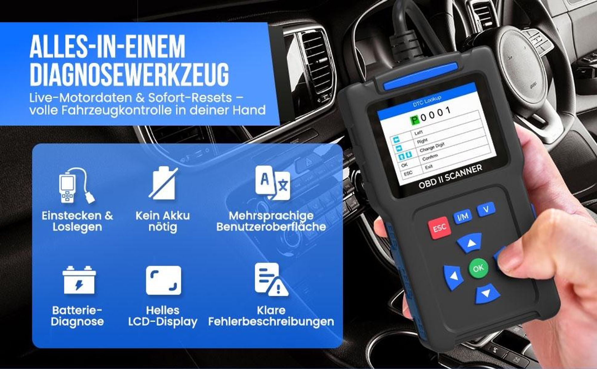 T200 Alles in einem OBD2 Diagnosegerät mit LCD Anzeige | OBD2 Scanner für Autos mit Motorcode Finder & Fehlerlesegerät | EOBD/obd-ii Diagnosewerkzeug