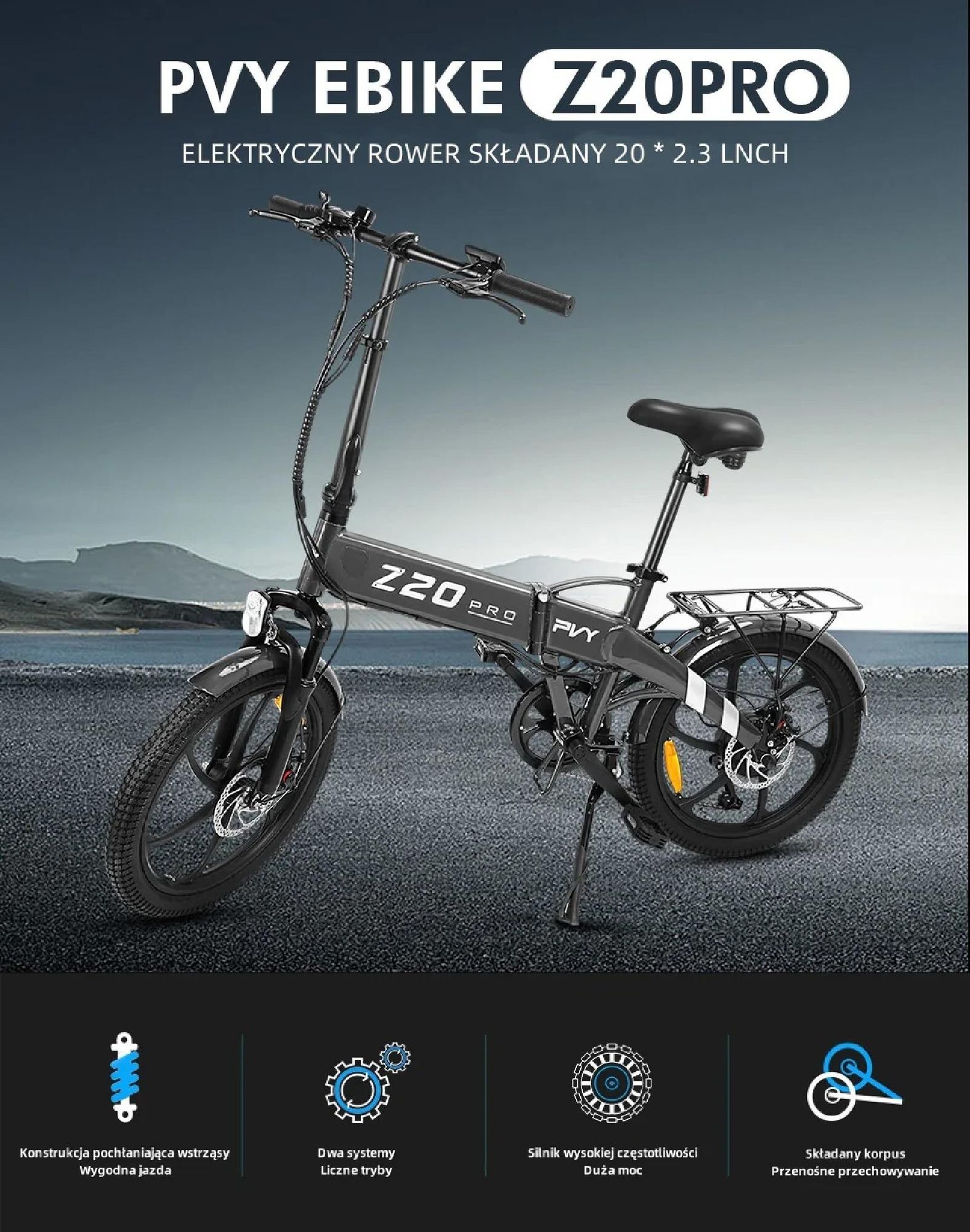 Rower Elektryczny PVY Z20 Pro - Moc 250W Bateria 36V10.4AH Zasięg 80KM Hamulec Tarczowy Mechaniczny - Szary