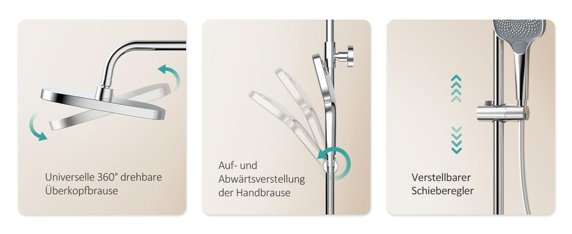 EMKE Duschsystem mit Thermostat, 36x24mm Regenduschkopf, Handbrause mit 3 Strahlstärken Regendusche mit Glasablage, Bad- & Duscharmaturen, KTW, Chrom