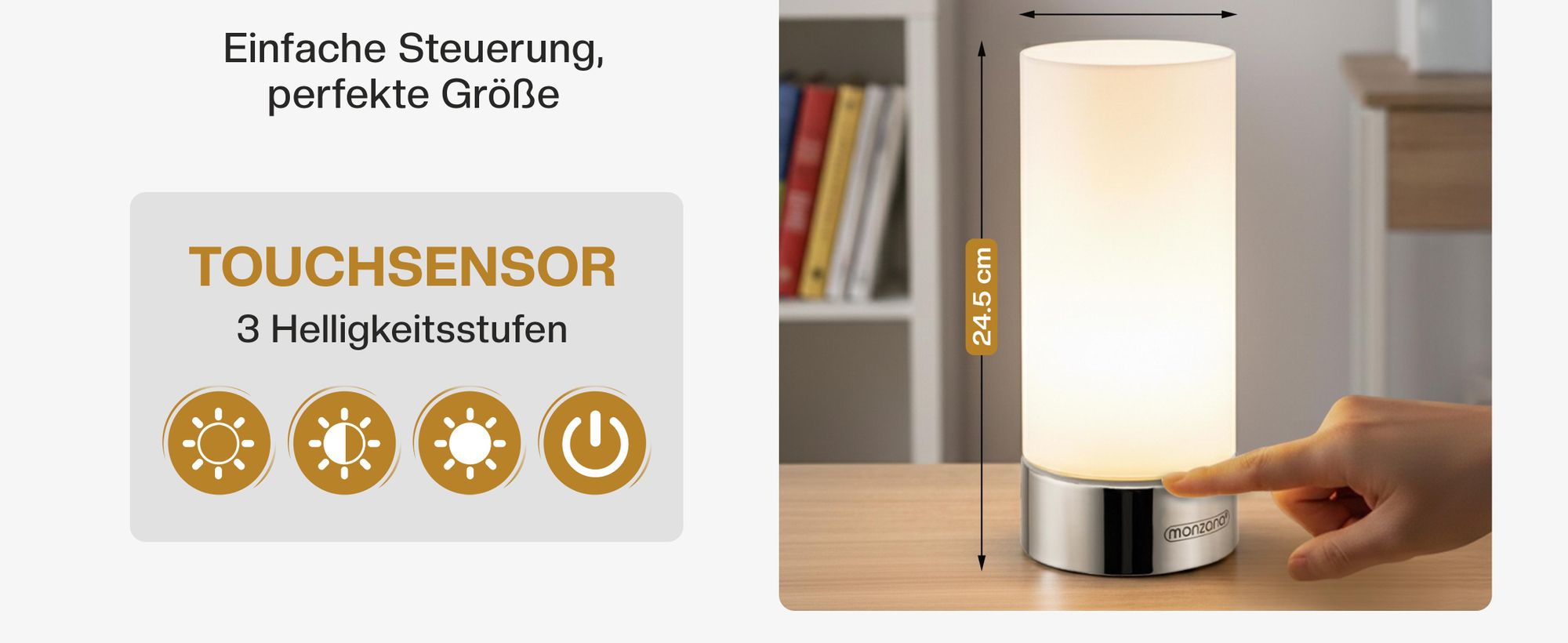 MONZANA® Nachttischlampe 2er Set Touch Dimmbar mit LED Leuchtmittel Glasschirm Tischlampe Tischleuchte Wohnzimmer Schlafzimmer Nachtlicht Leselampe